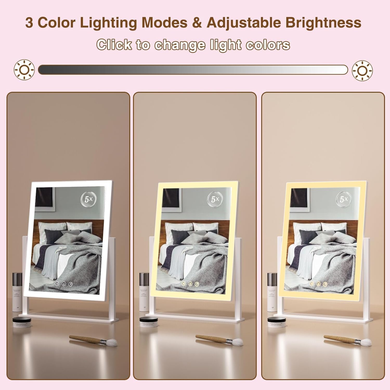 Compact Lighted Makeup Mirror with 5X Magnification and 360 Rotation