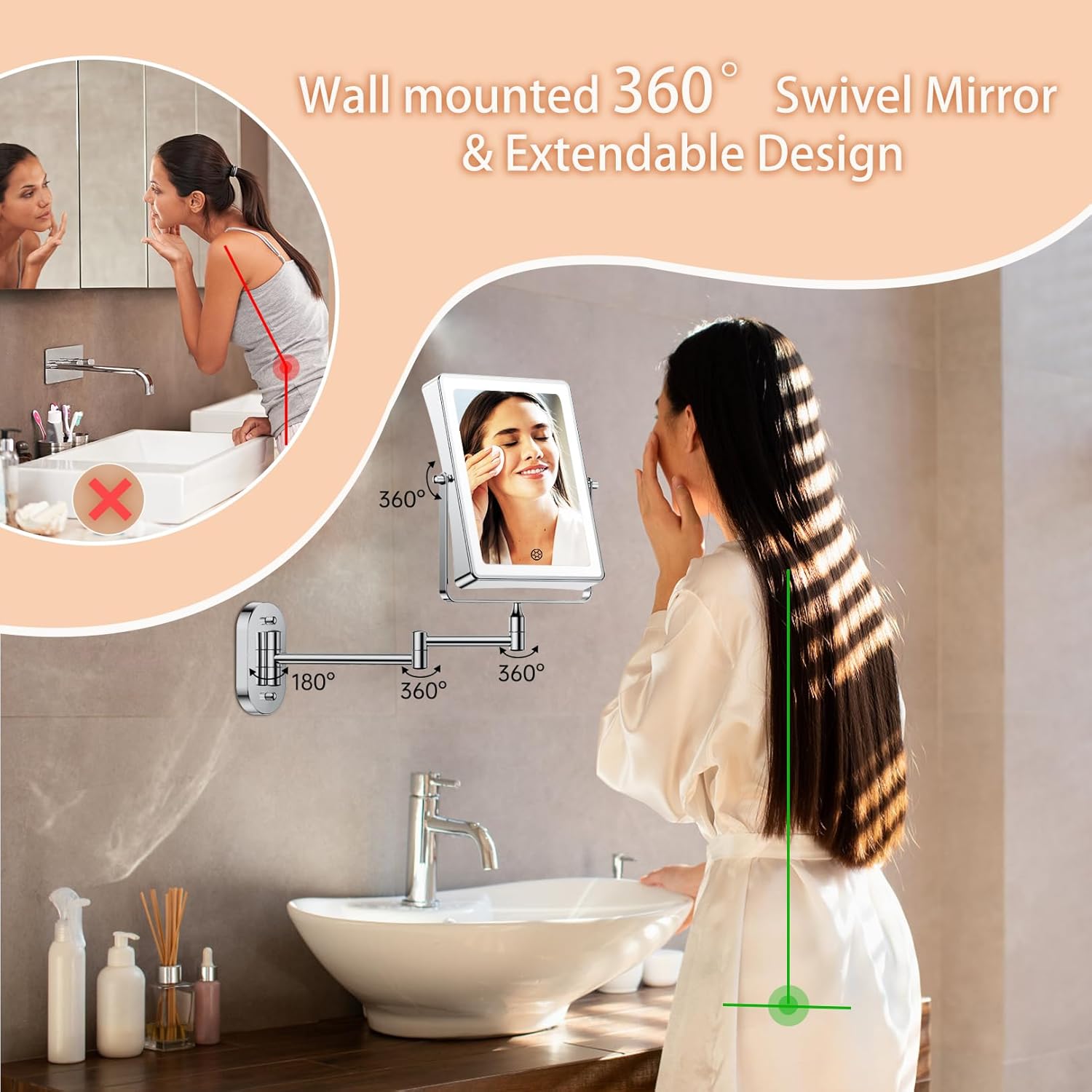 Adjustable 360 Wall-Mounted Makeup Mirror Dimmable Rechargeable