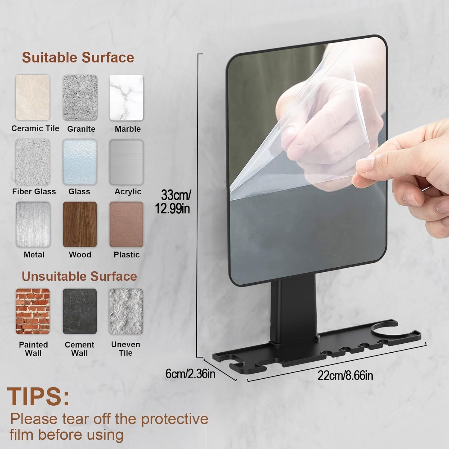 Anti-Fog Shower Mirror - Removable Razor Toothbrush Holder