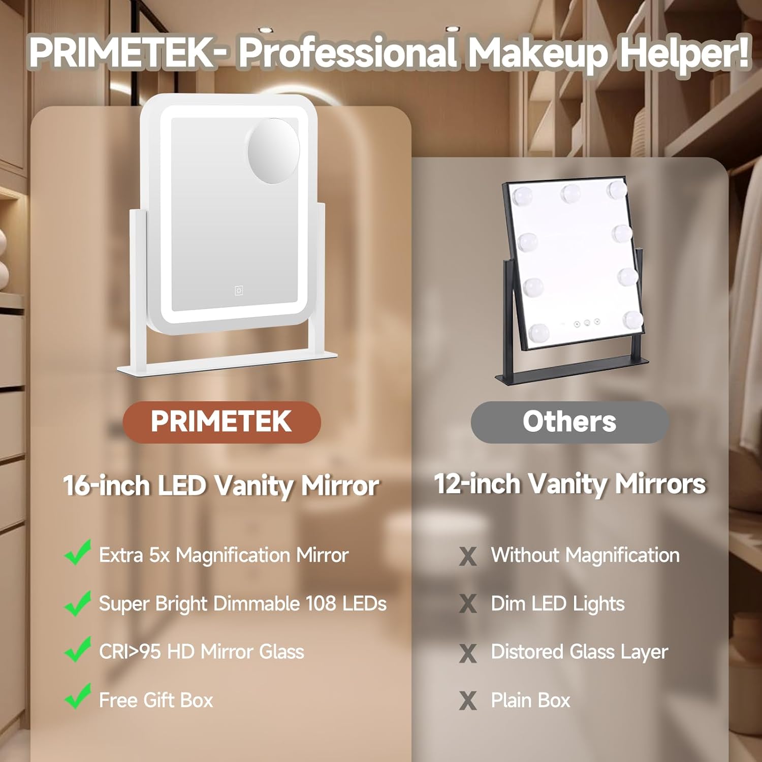 Adjustable 16x14 Vanity Mirror with Touch Screen and LED Lights