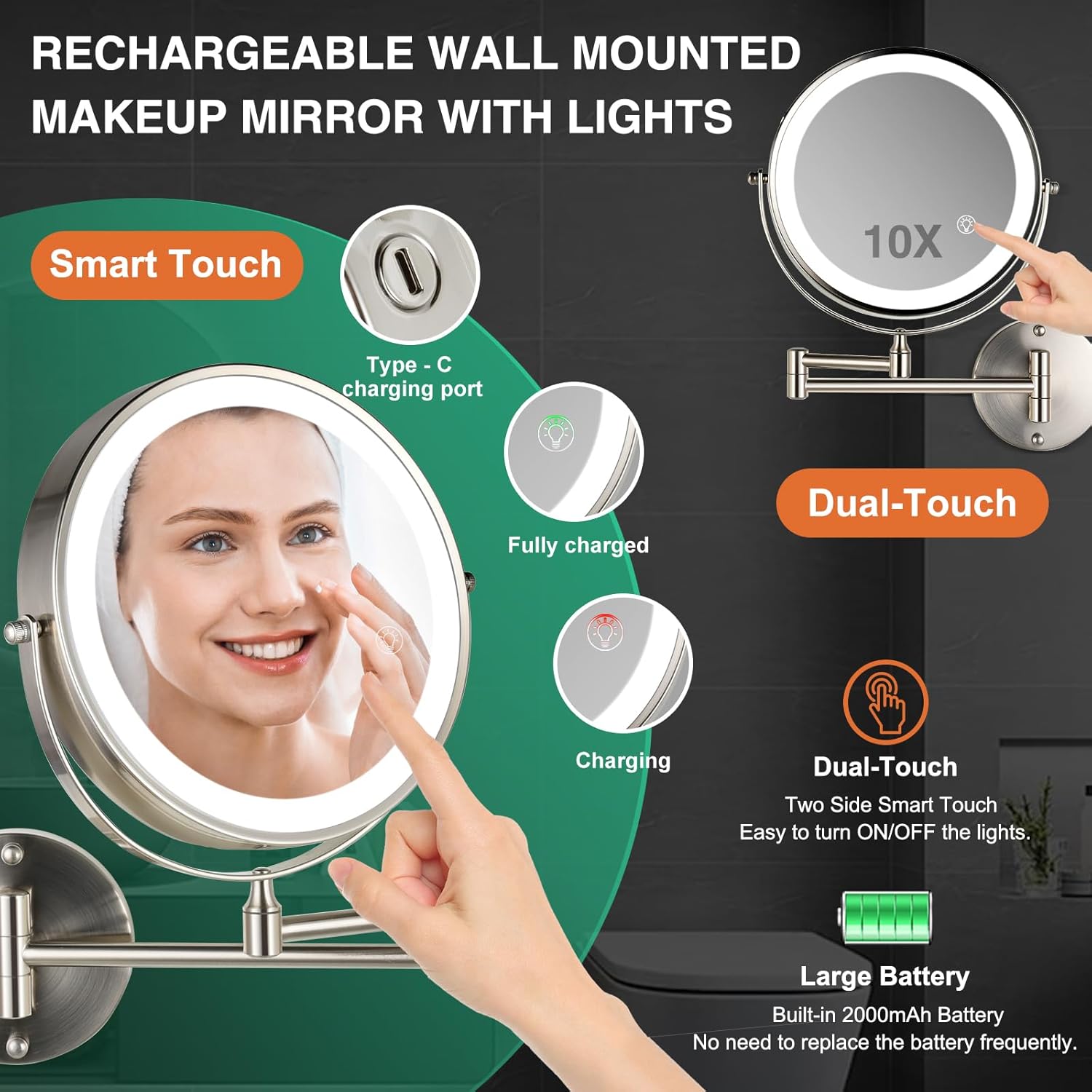 Rechargeable LED Wall-Mounted Makeup Mirror with 360 Rotation and Lights