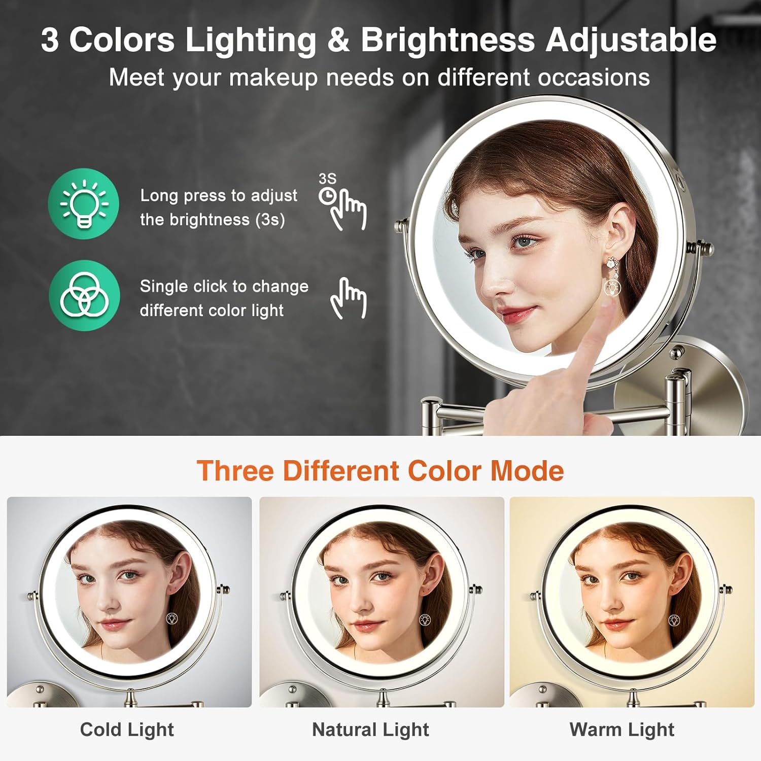 Rechargeable LED Wall-Mounted Makeup Mirror with 360 Rotation and Lights