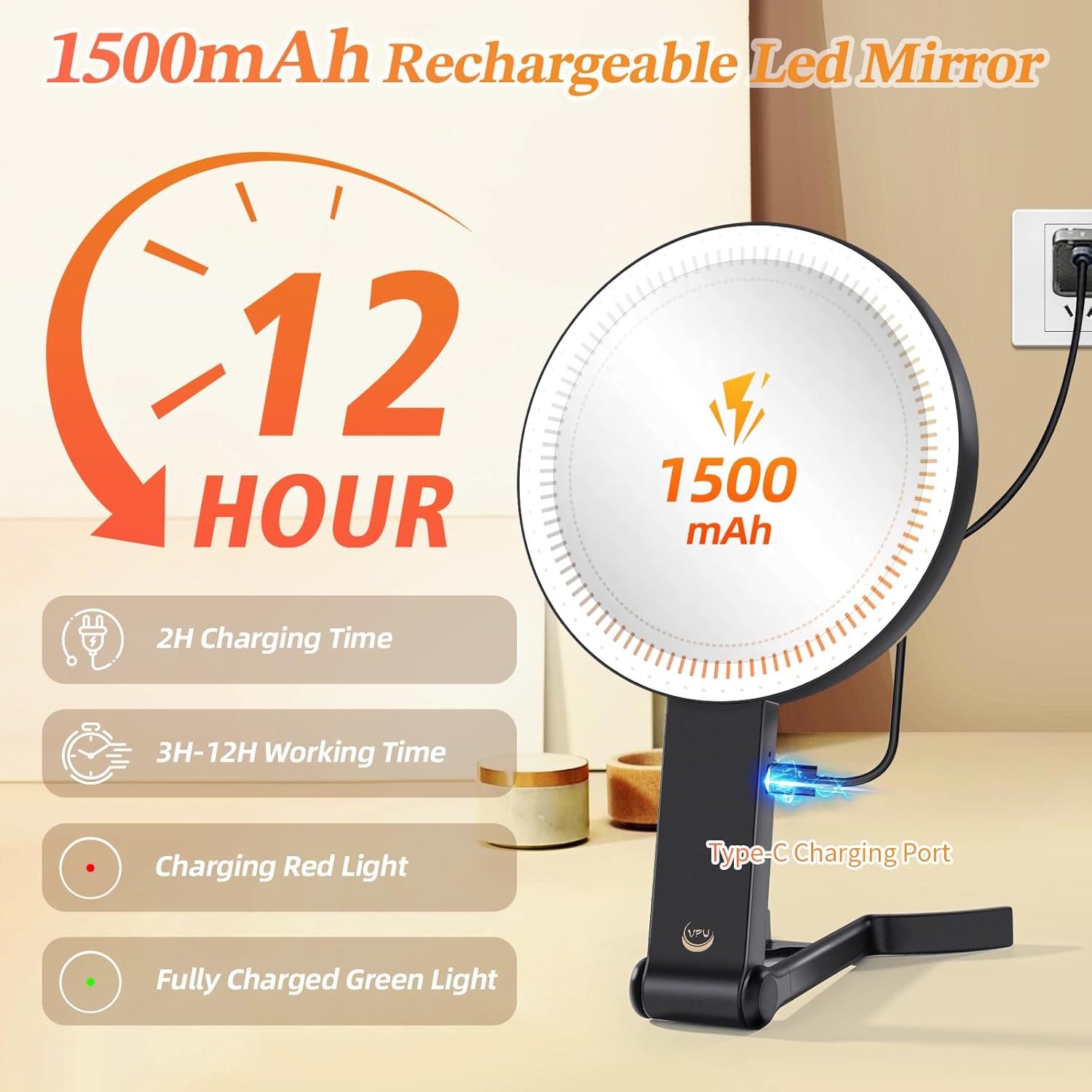 VPU Compact Travel Makeup Mirror with Lights
