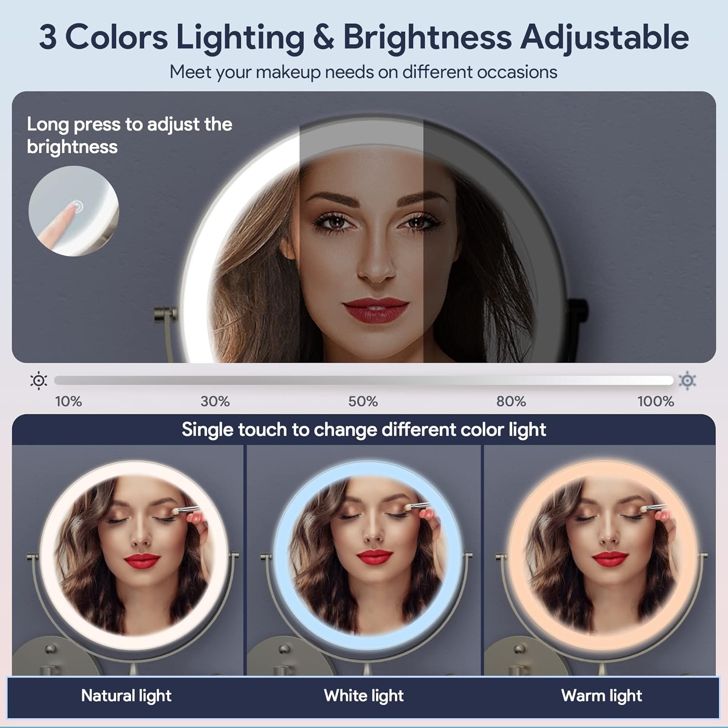 8-Inch Rechargeable LED Vanity Mirror with 360 Swivel 10X Magnification