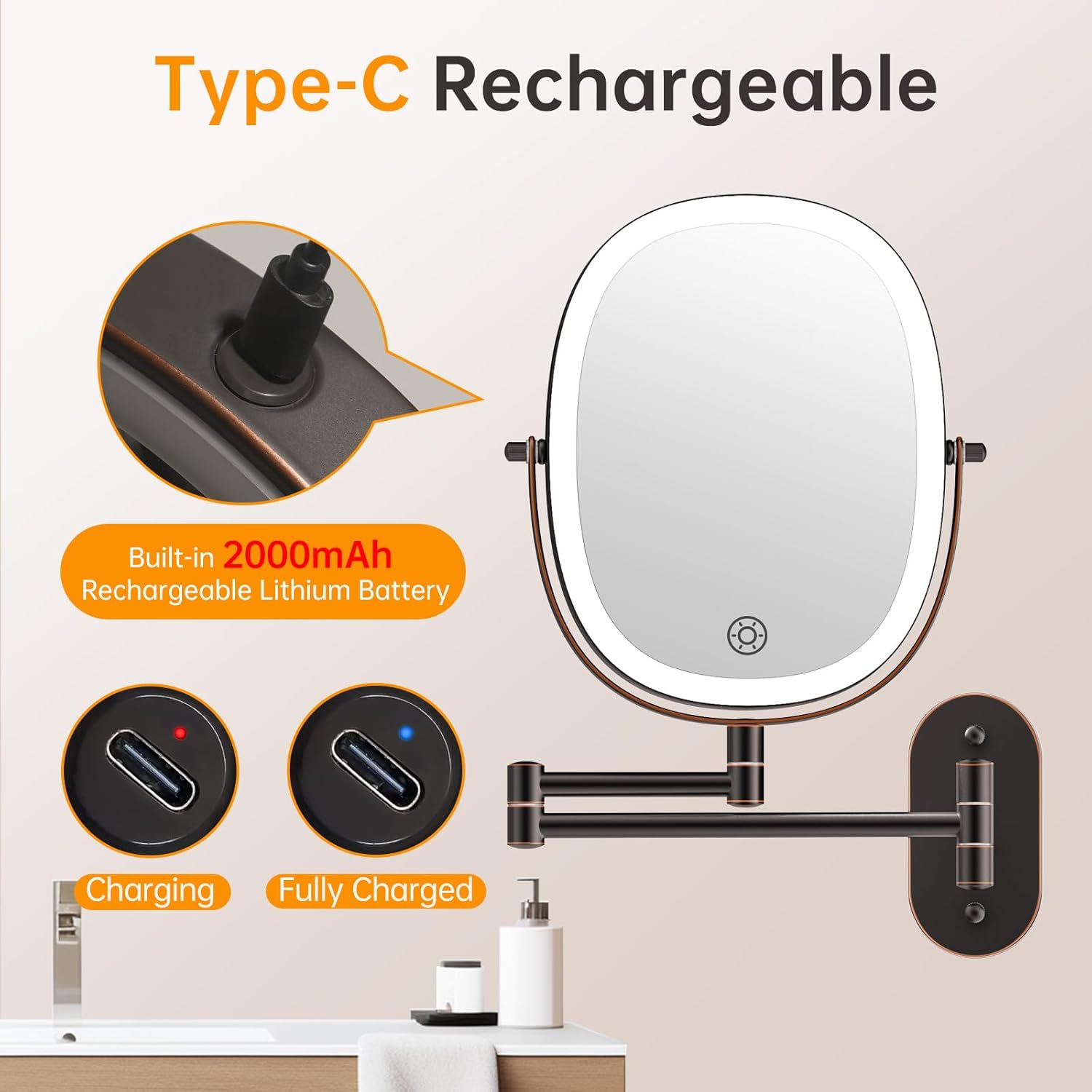 Rechargeable Wall-Mounted Makeup Mirror