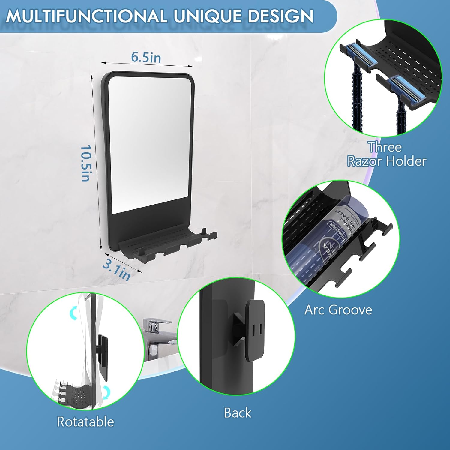 Anti-Fog Shower Mirror with Storage for Men Women