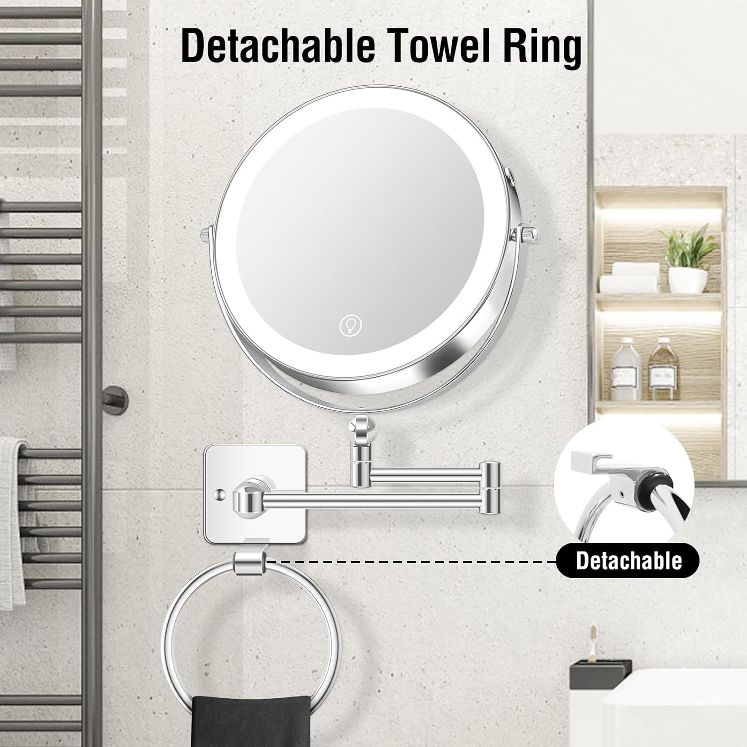 Large 360-Rotation Makeup Mirror with Detachable Towel Ring