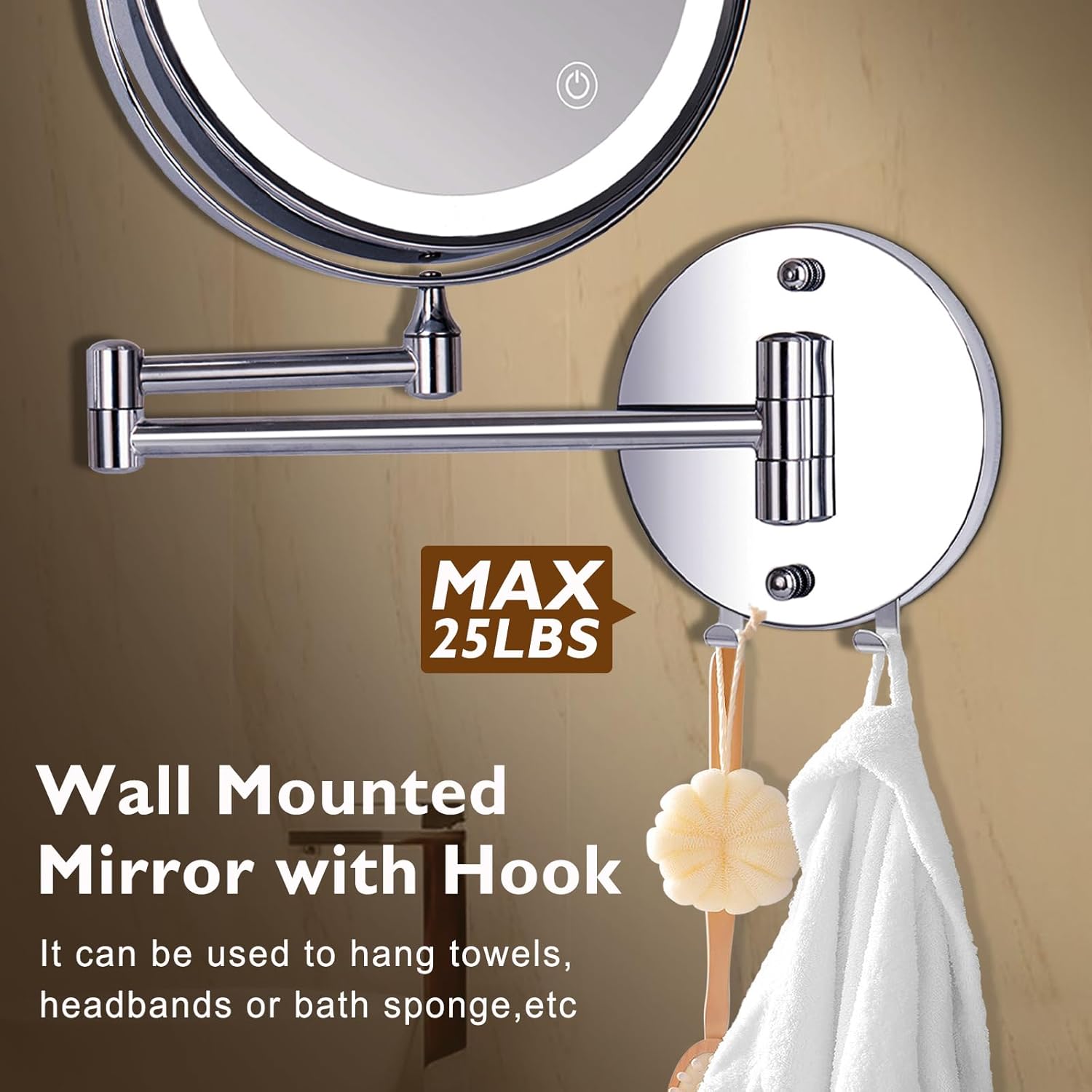 1X15X Wall-Mounted Makeup Mirror with Hook