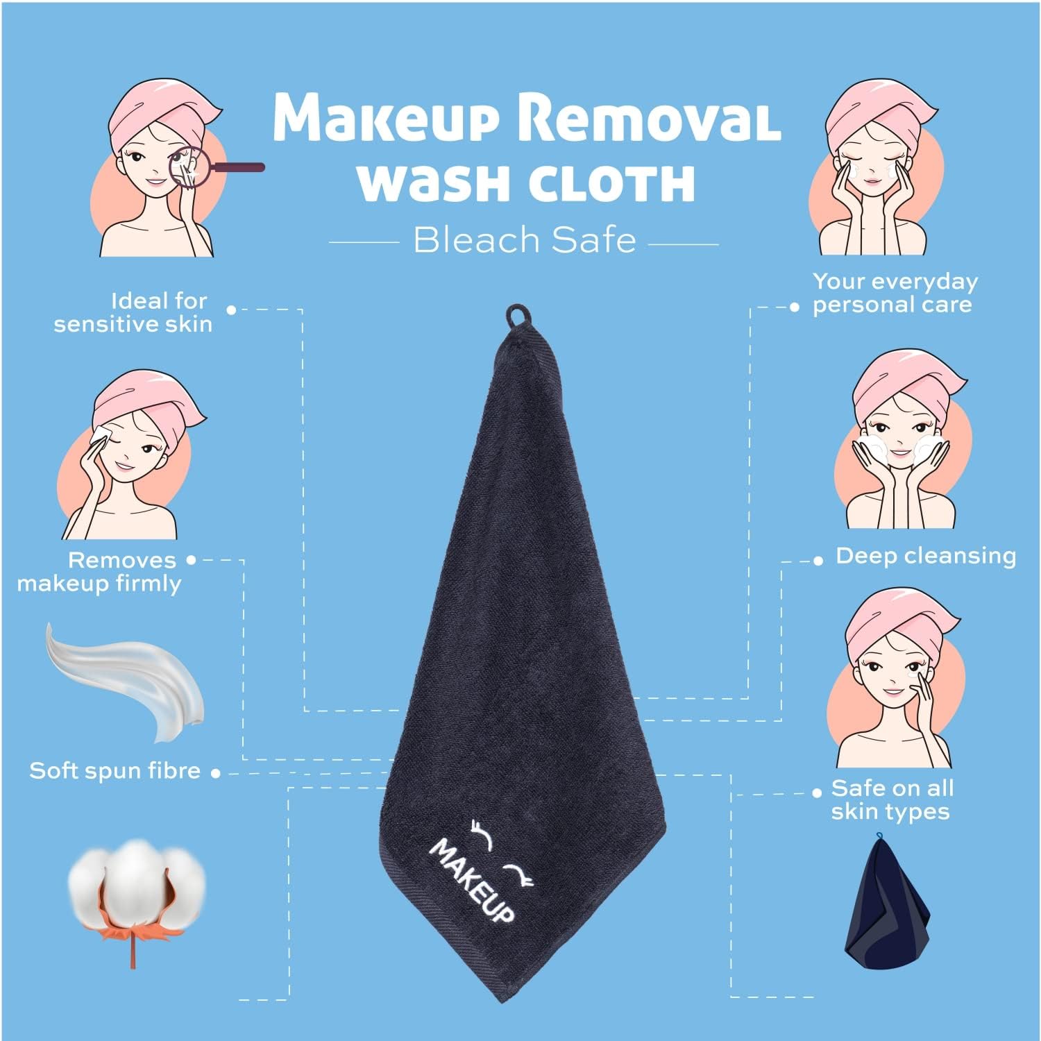 White Classic Bleach Safe Black Makeup Washcloths