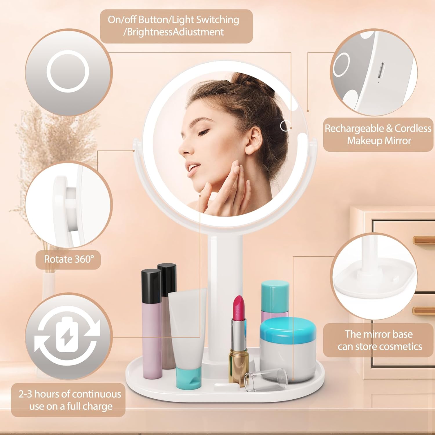 Lighted Makeup Mirror with Rechargeable 1X10X Magnification