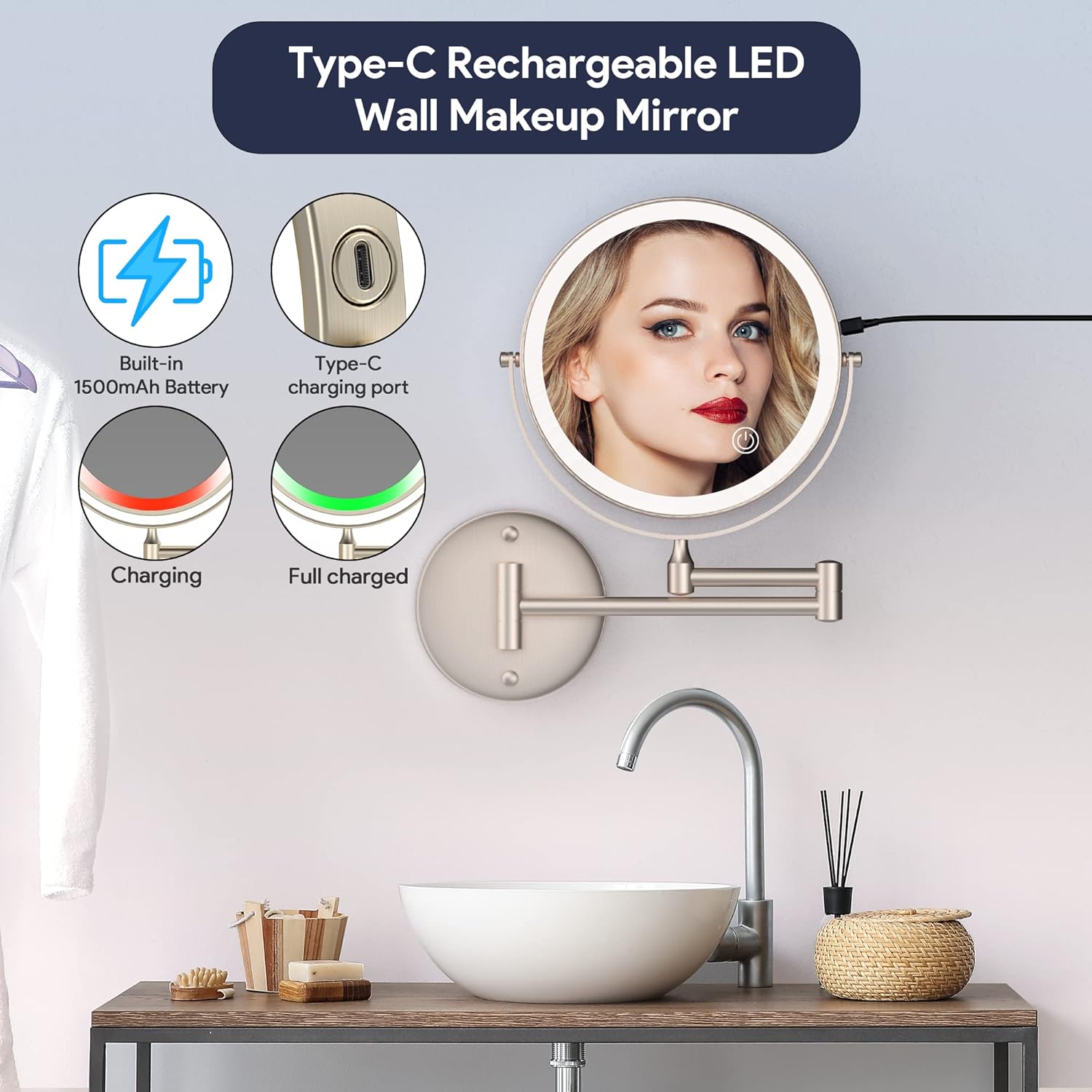 8-Inch Rechargeable LED Vanity Mirror with 360 Swivel 10X Magnification