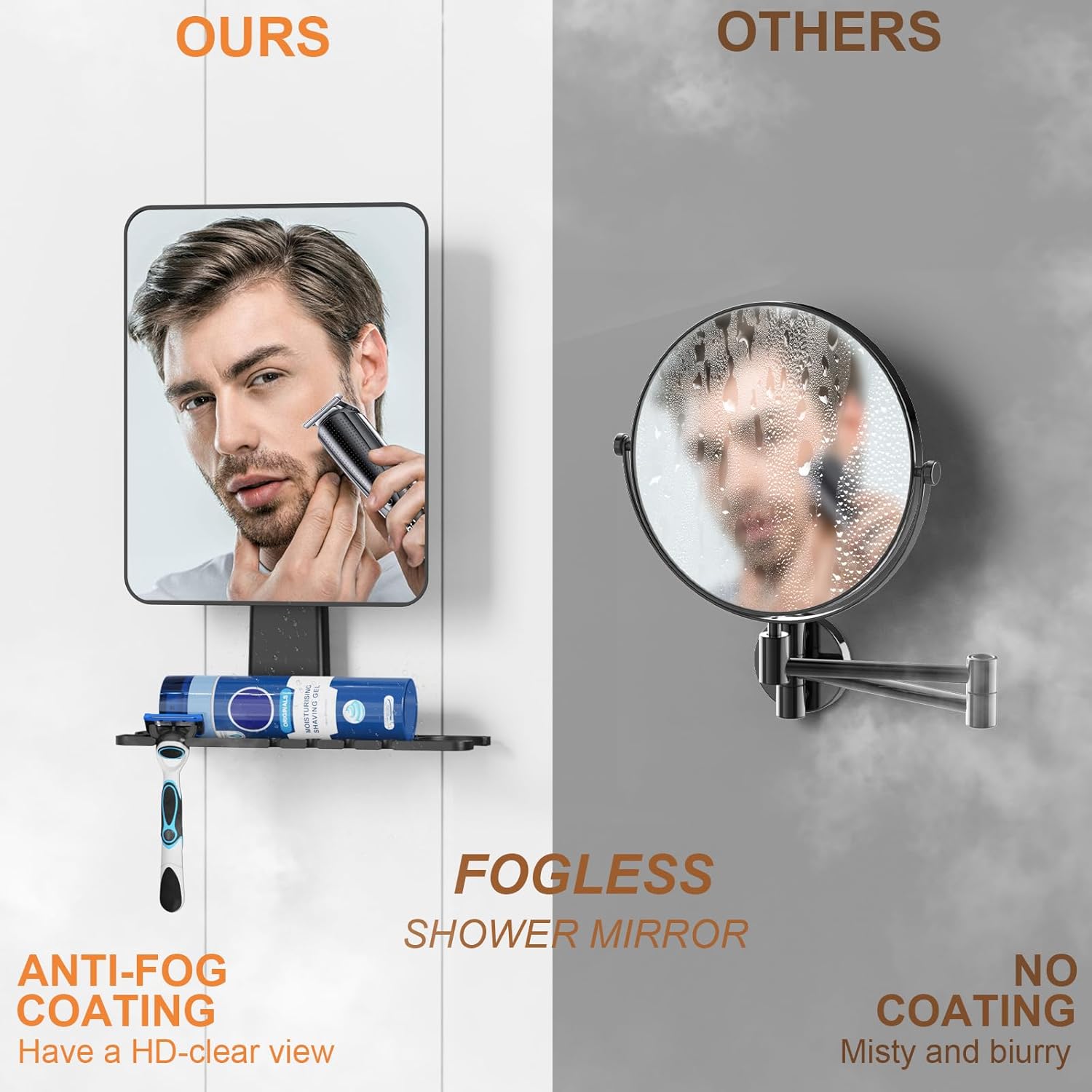 Anti-Fog Shower Mirror - Removable Razor Toothbrush Holder