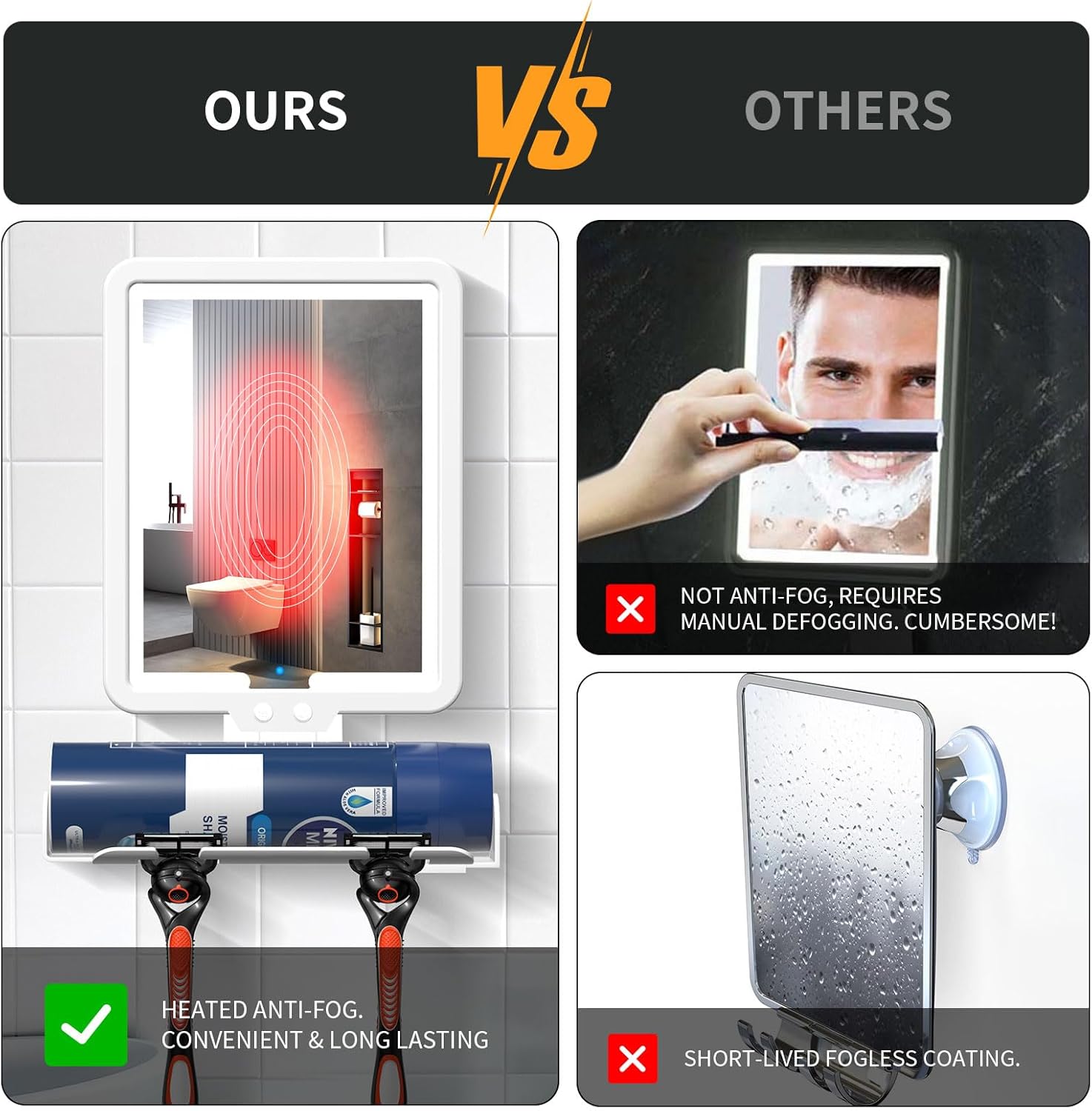 Lighted Anti-Fog Shower Mirror for Shaving - 3-in-1 Modes