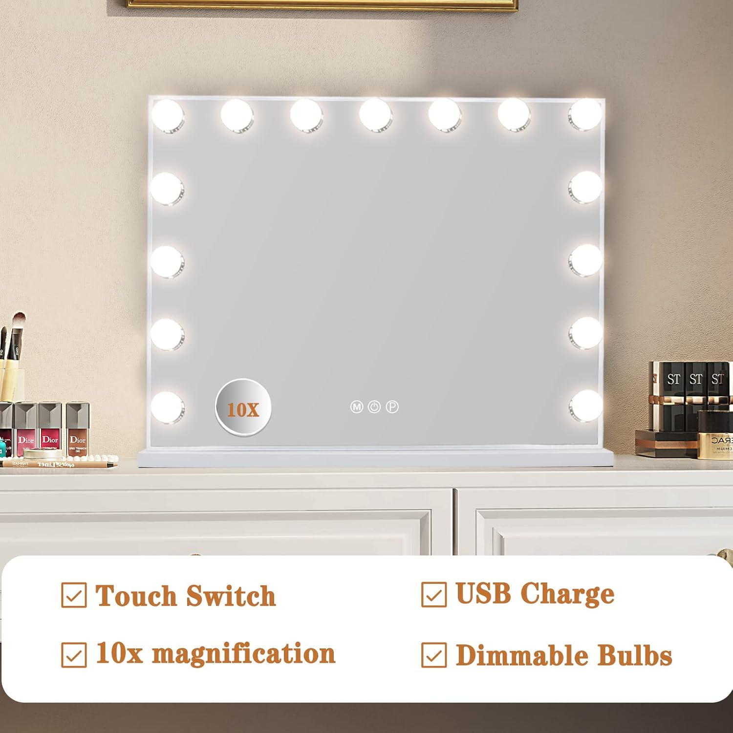 Leishe Vanity Mirror 10X with 15LED Lights 3 Modes USB Charger