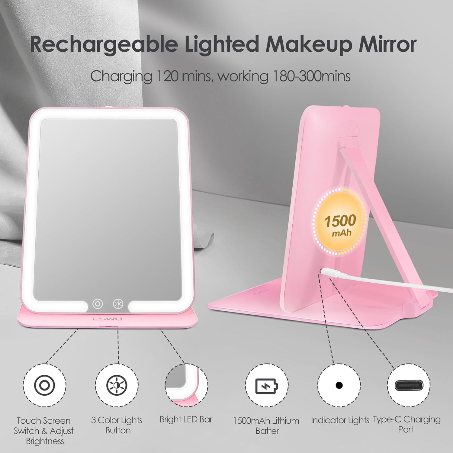 Foldable Portable Makeup Mirror with Light for Travel