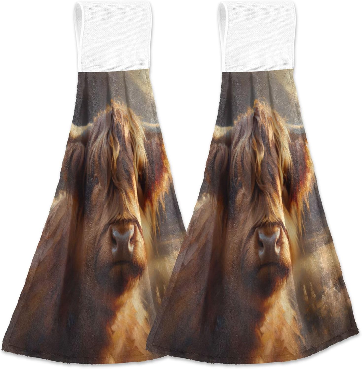 Premium Scottish Cow Brown Kitchen Hand Towels Set of 2 with Loop