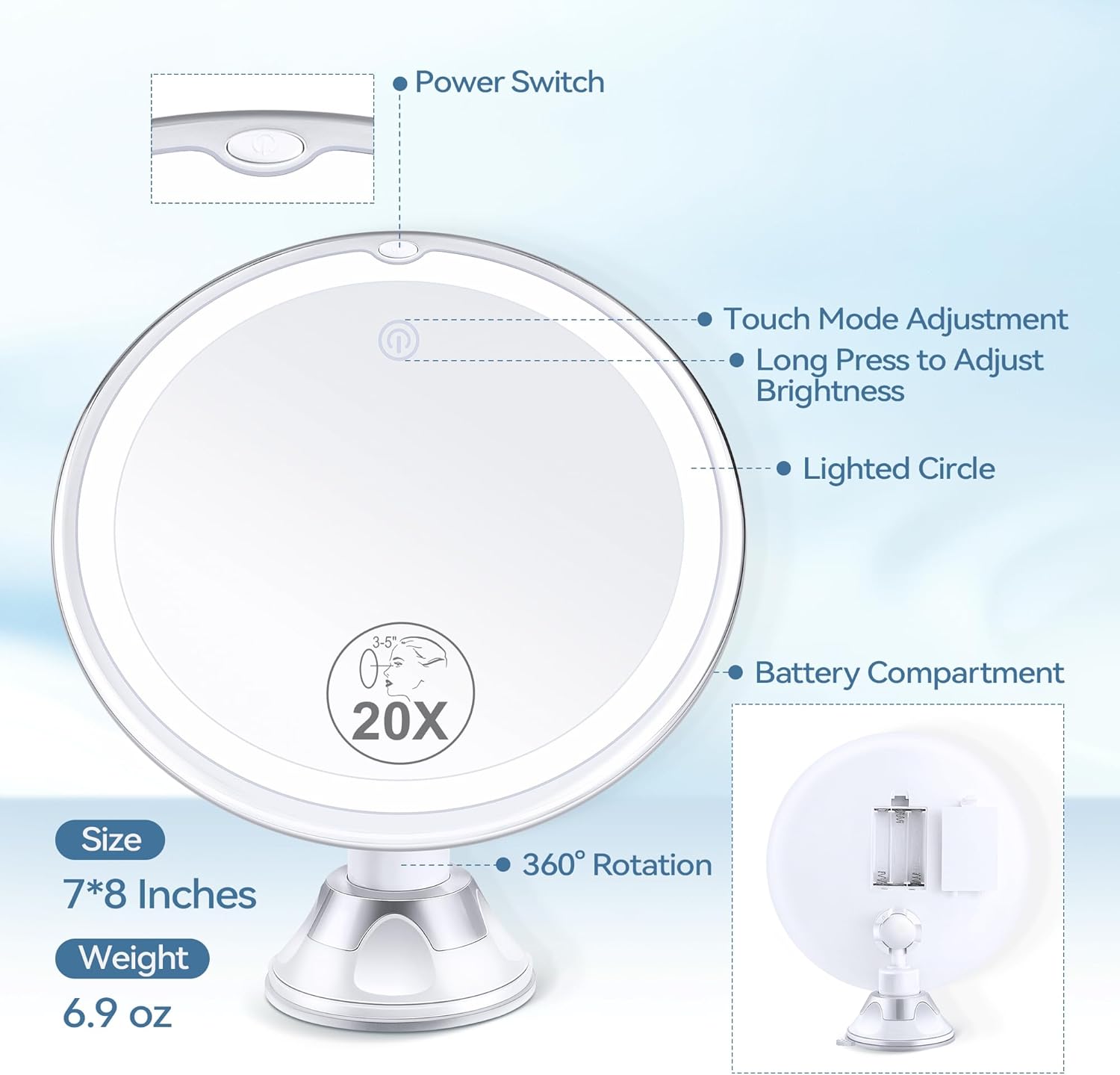 20x magnification compact mirror with suction cup