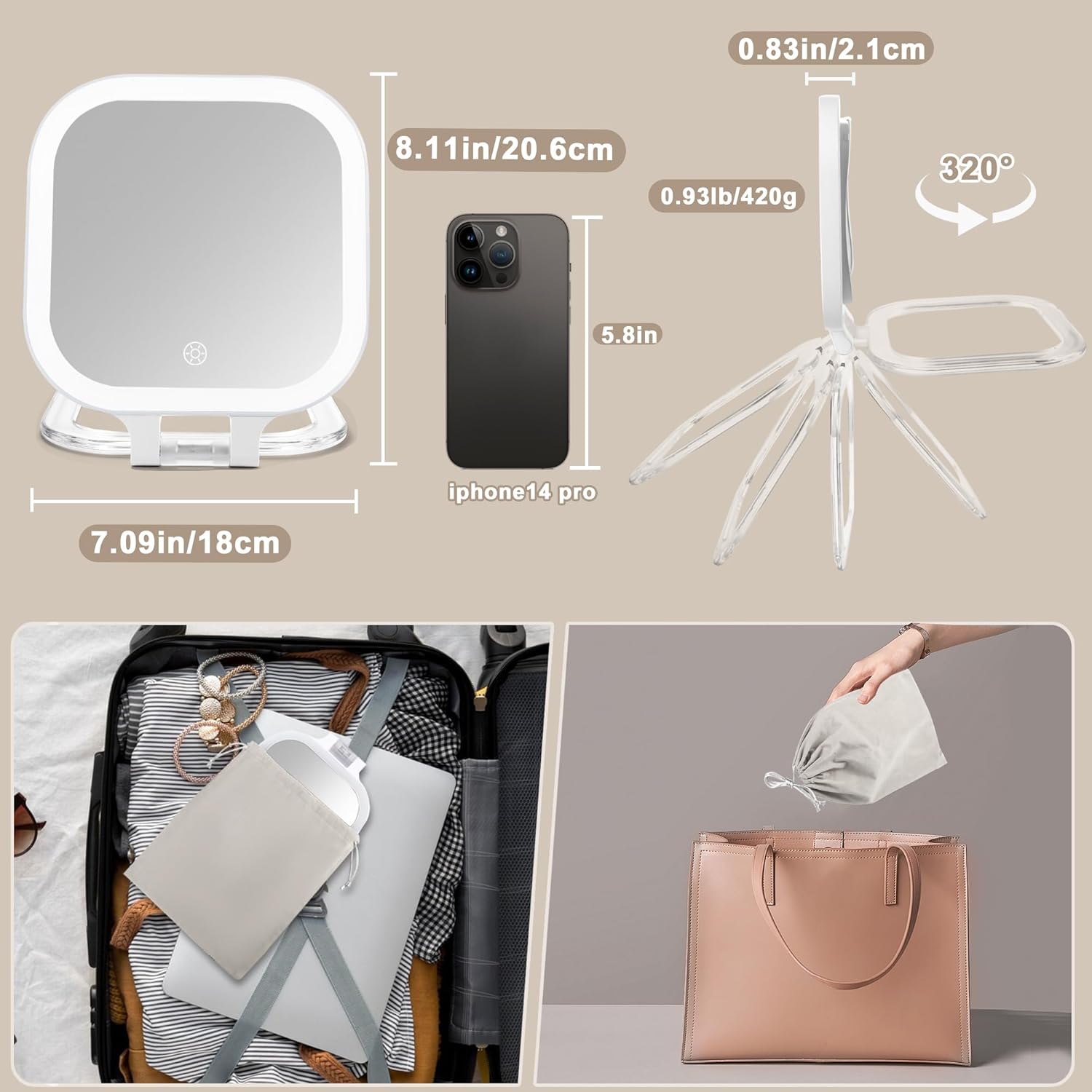Stylish Travel Makeup Mirror with Magnifying Lens and Lights