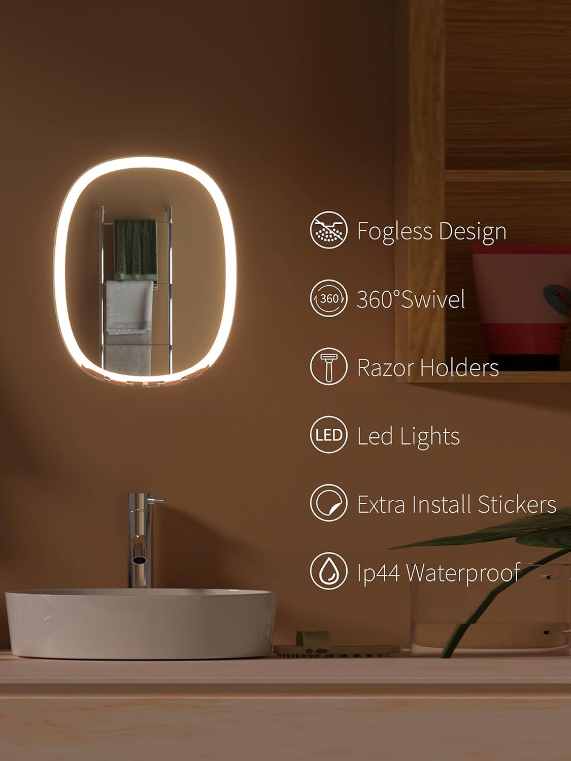 Fogless Wipe-Free LED Shower Mirror for Shaving