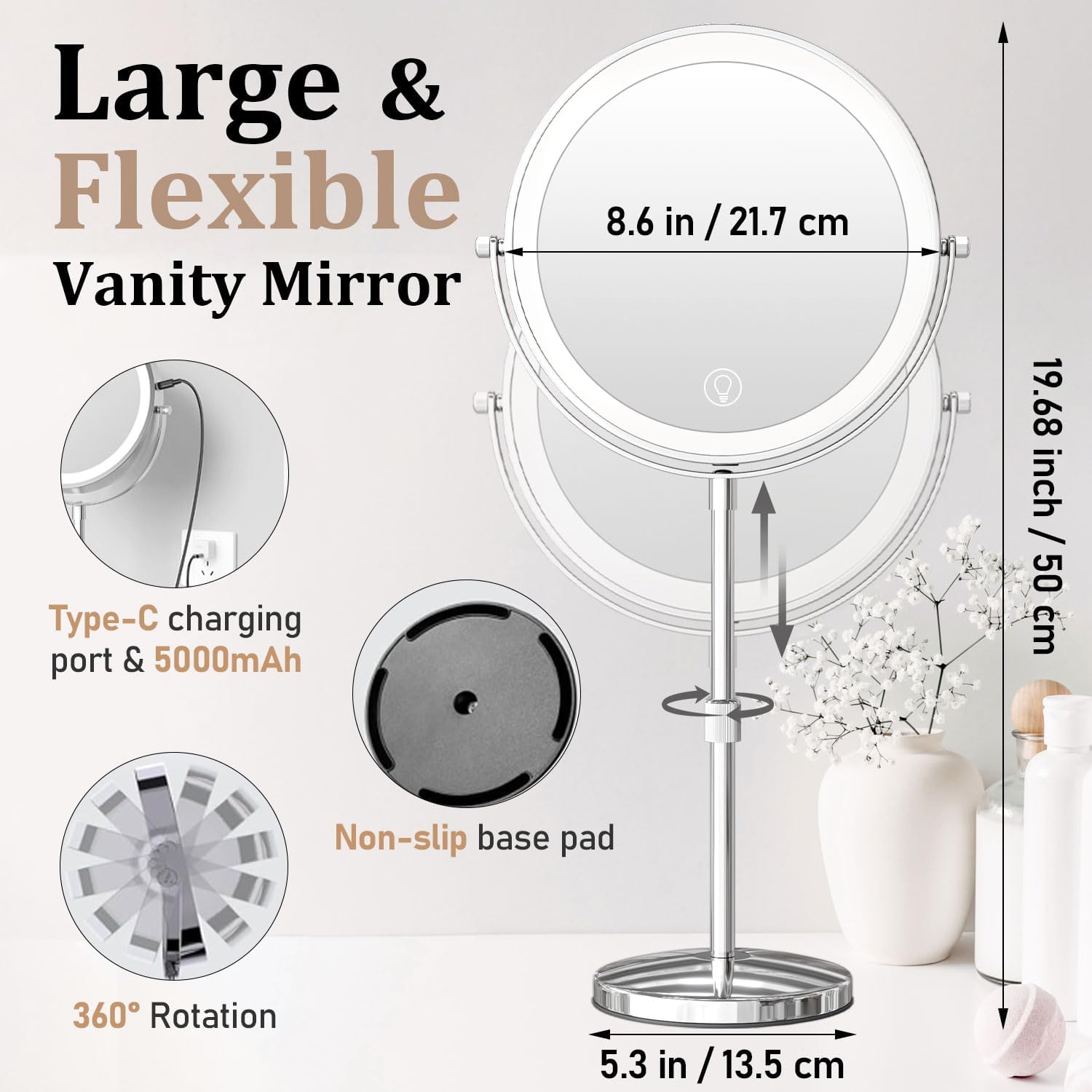 Vanity Mirror with Dual Views Lighting and Battery