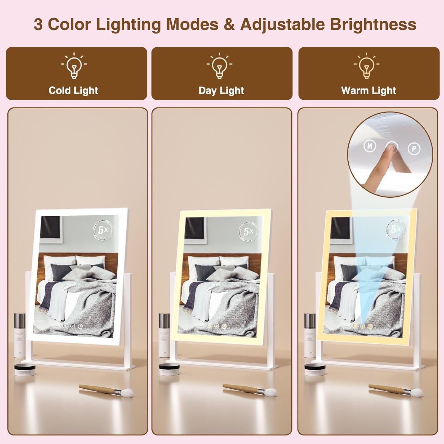 Compact Lighted Makeup Mirror with 5X Magnification and 360 Rotation