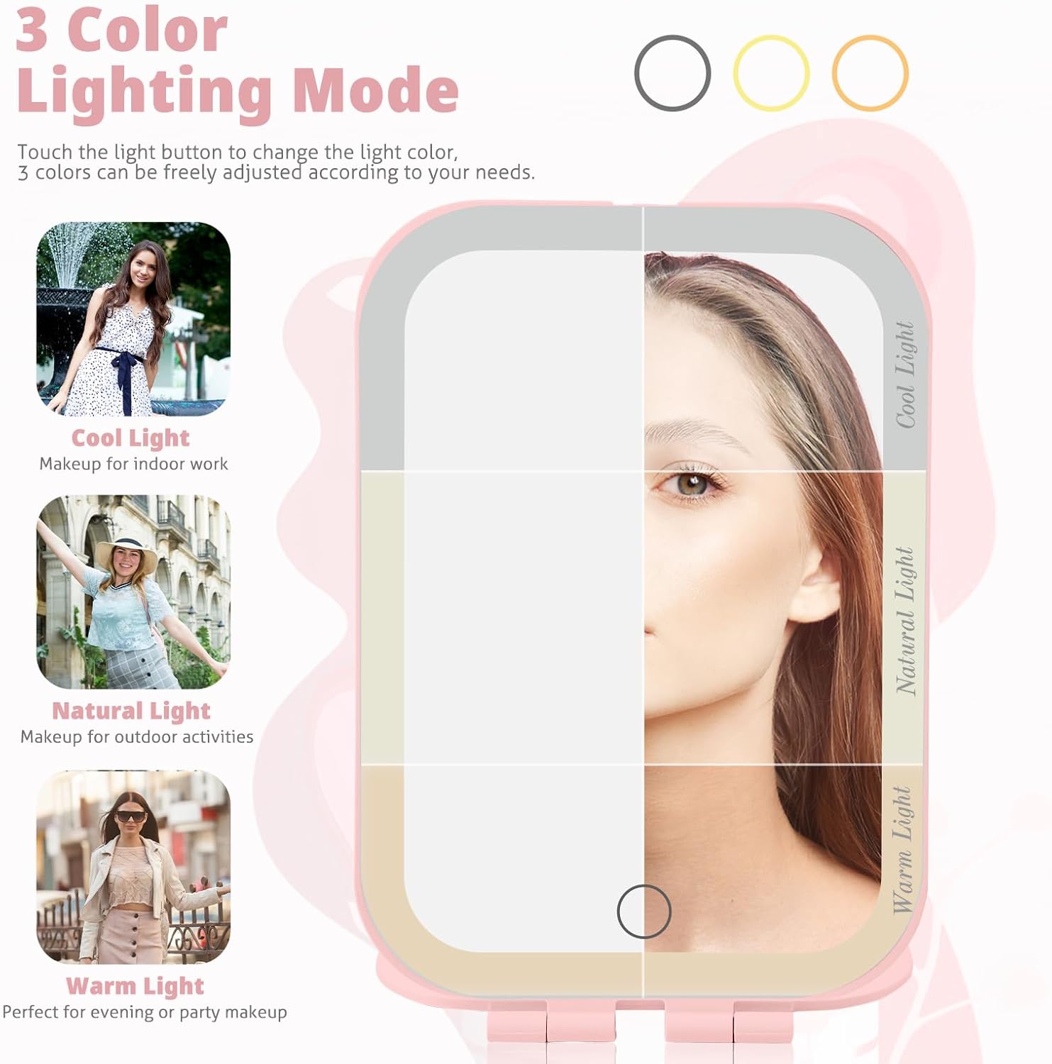 Travel Makeup Mirror with 3 Lighting Modes