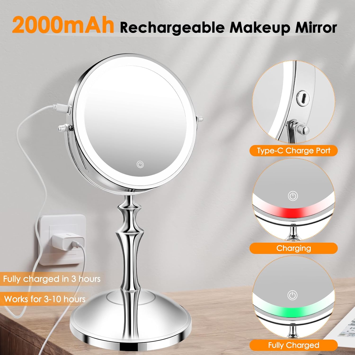 Dirket 8 Double-Sided Rechargeable Makeup Mirror with 10X Magnification