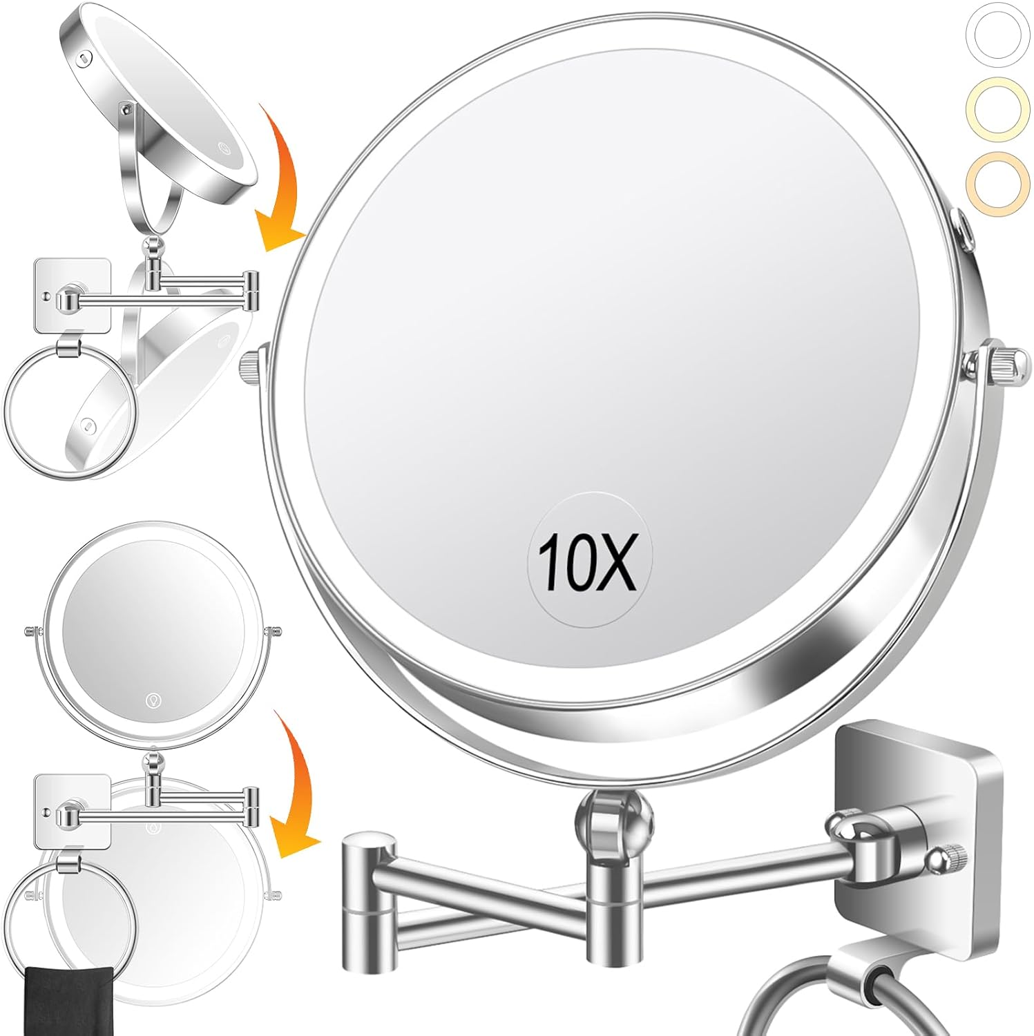 Large 360-Rotation Makeup Mirror with Detachable Towel Ring
