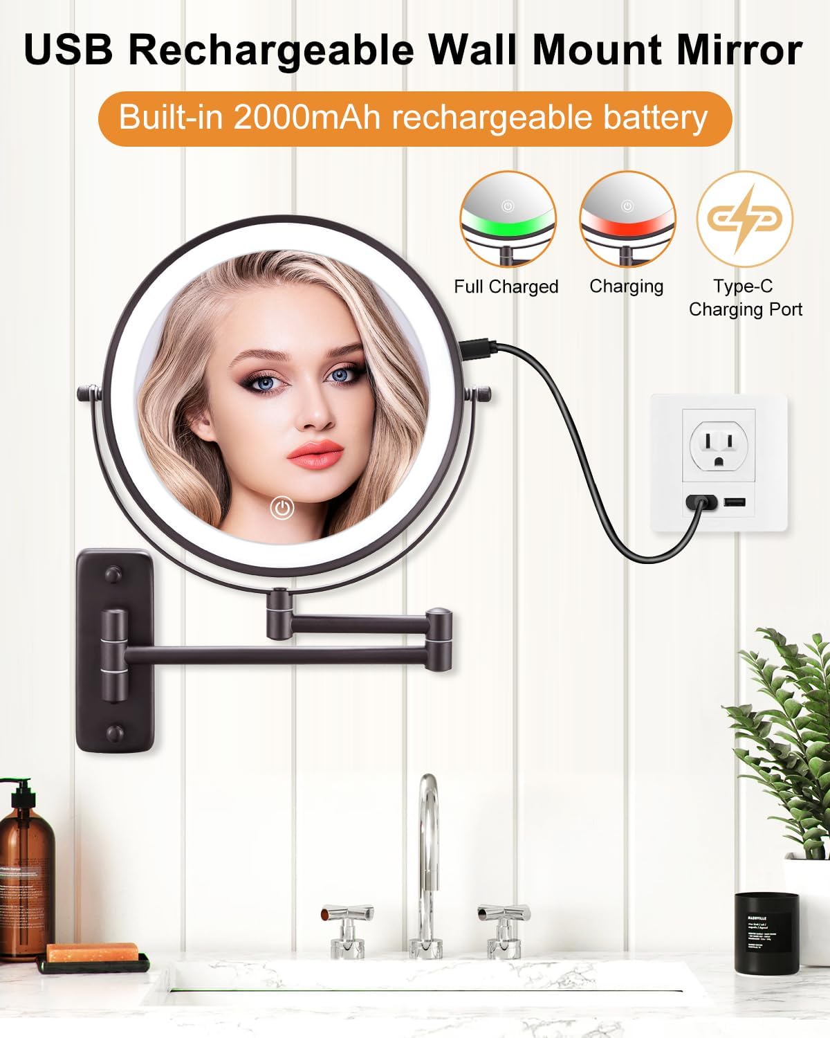 Wall-Mounted Lighted Makeup Mirror - 9 Inch Double-Sided 10X Magnifier