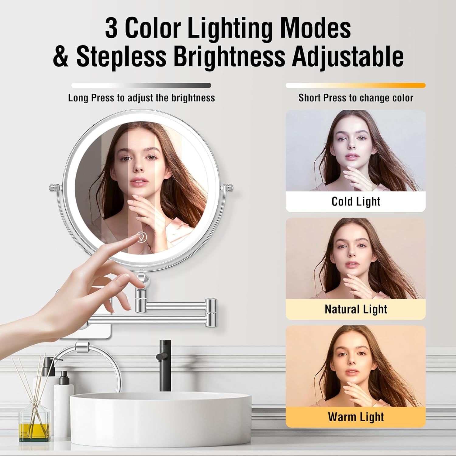 Large 360-Rotation Makeup Mirror with Detachable Towel Ring