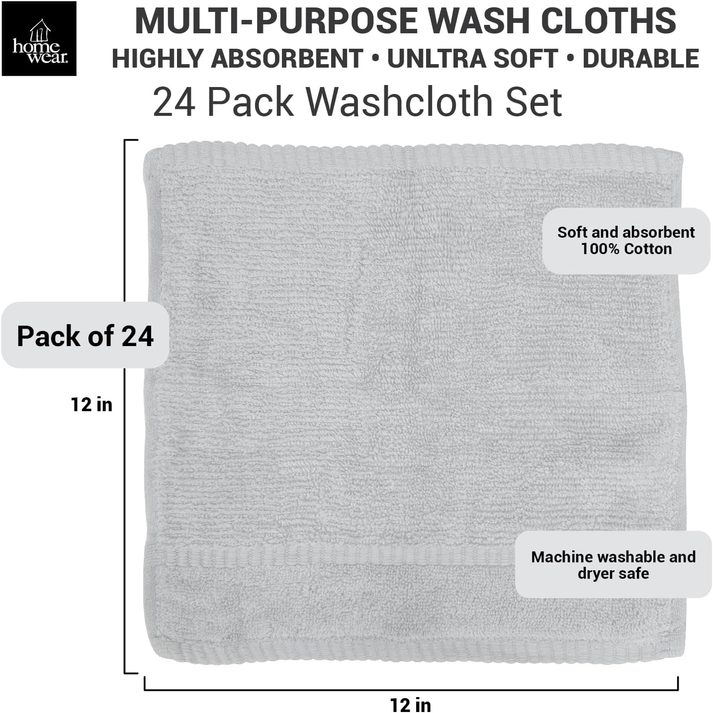 Premium 12x12 Zero Twist Wash Cloth Set - 24 x 100 Cotton Soft Plush