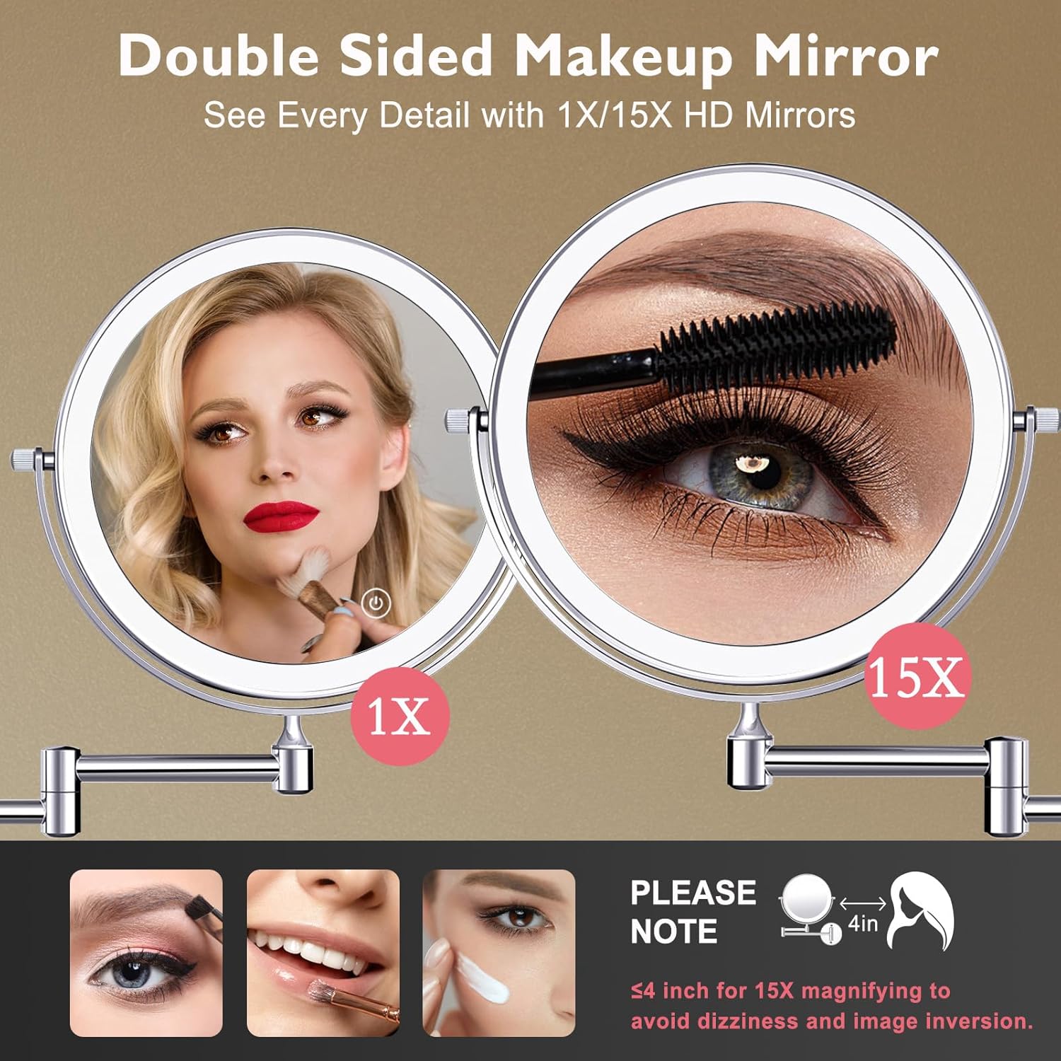 1X15X Wall-Mounted Makeup Mirror with Hook