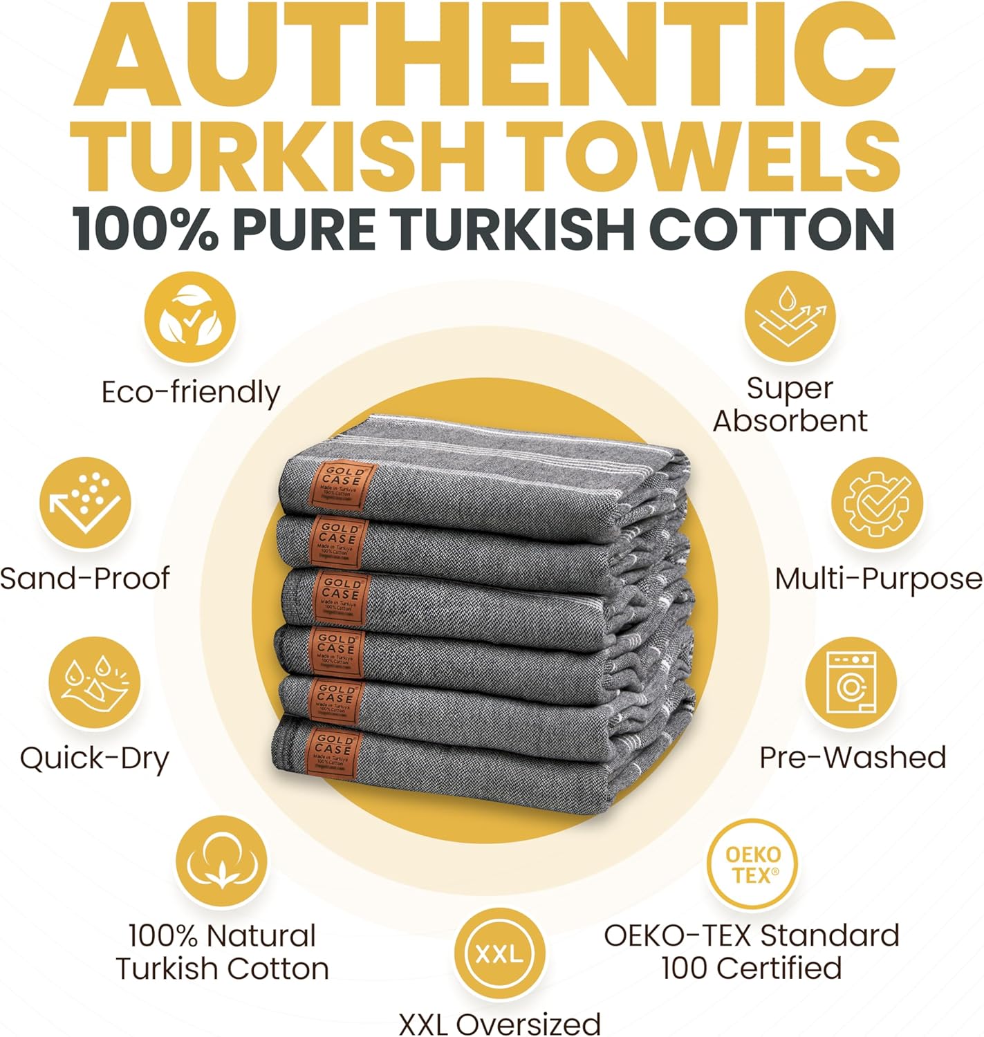 Gold CASE Turkish Beach Towel Set of 6 100 Cotton Black