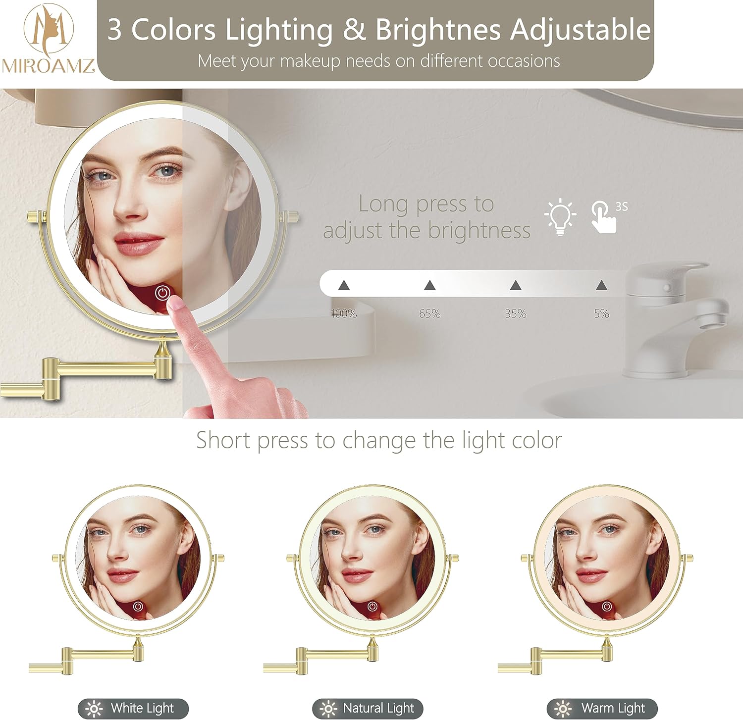 8-inch Rechargeable Wall-Mounted Makeup Vanity Mirror