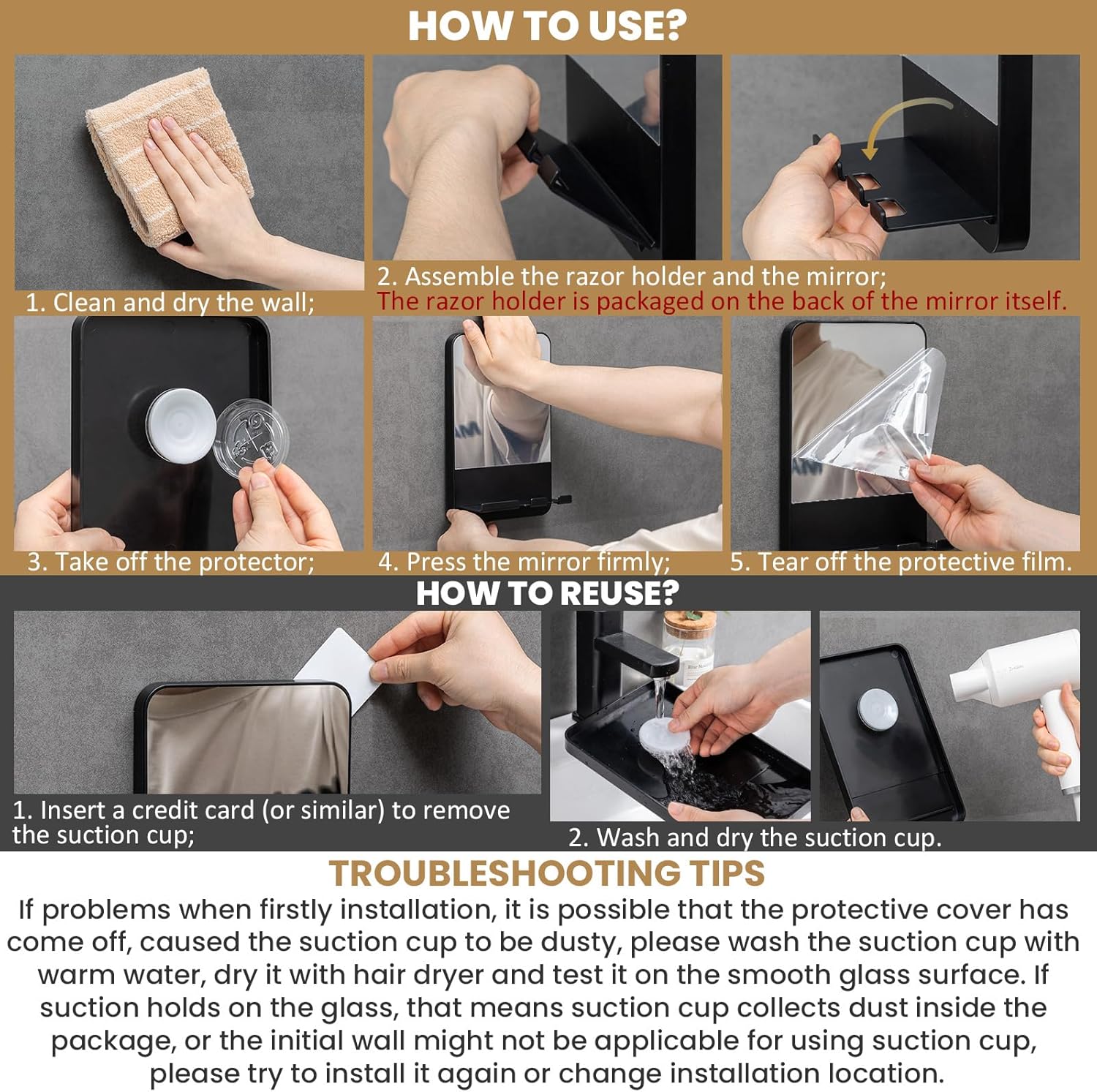 Instant Suctionducible Fog-Proof Shower Mirror