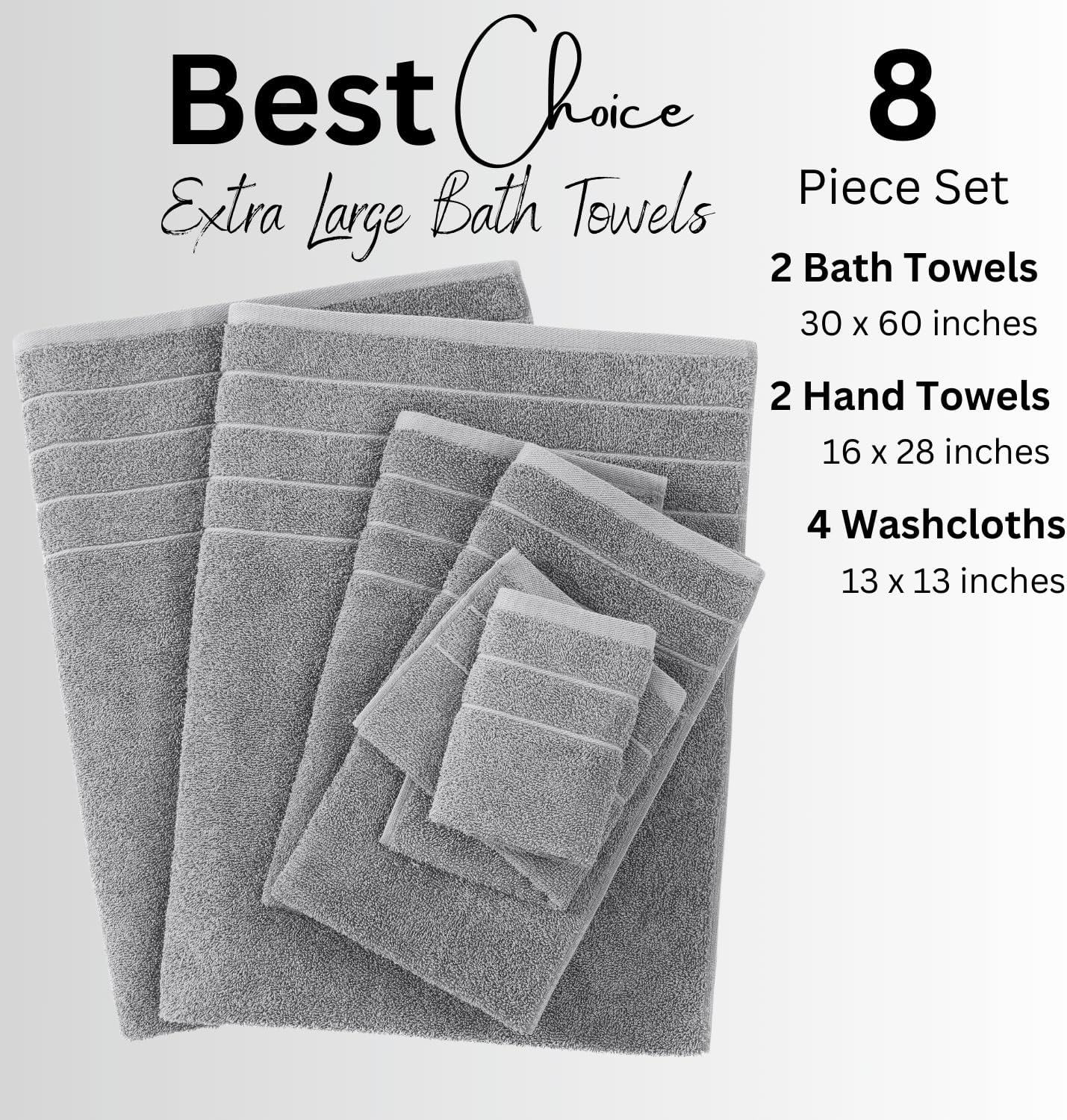 Casa Platino Bath Towels Set - 2 Bath 2 Hand 4 Washcloths - Mercerized Soft Cotton 30x60 - Grey
