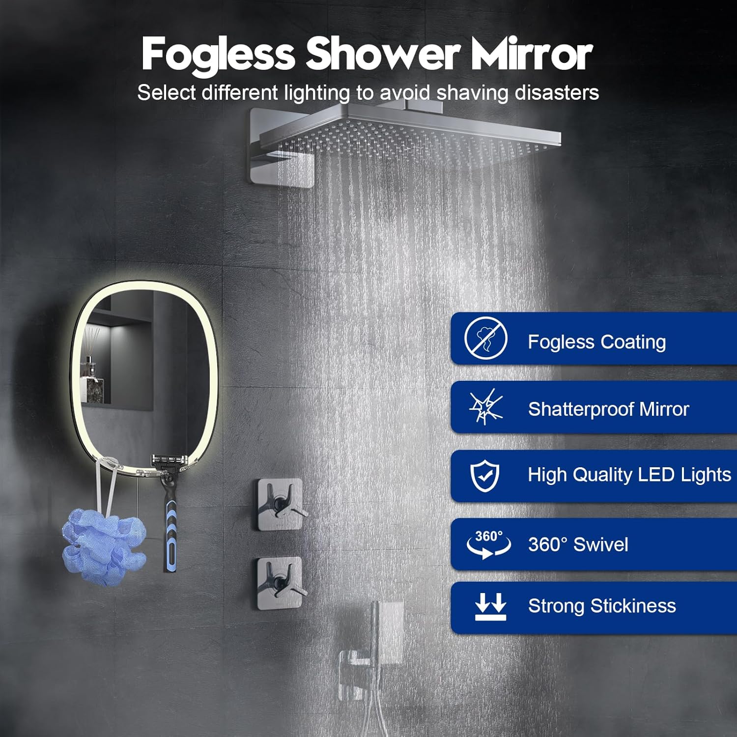 UV-Resistant LED Shower Mirror with Razor Holder