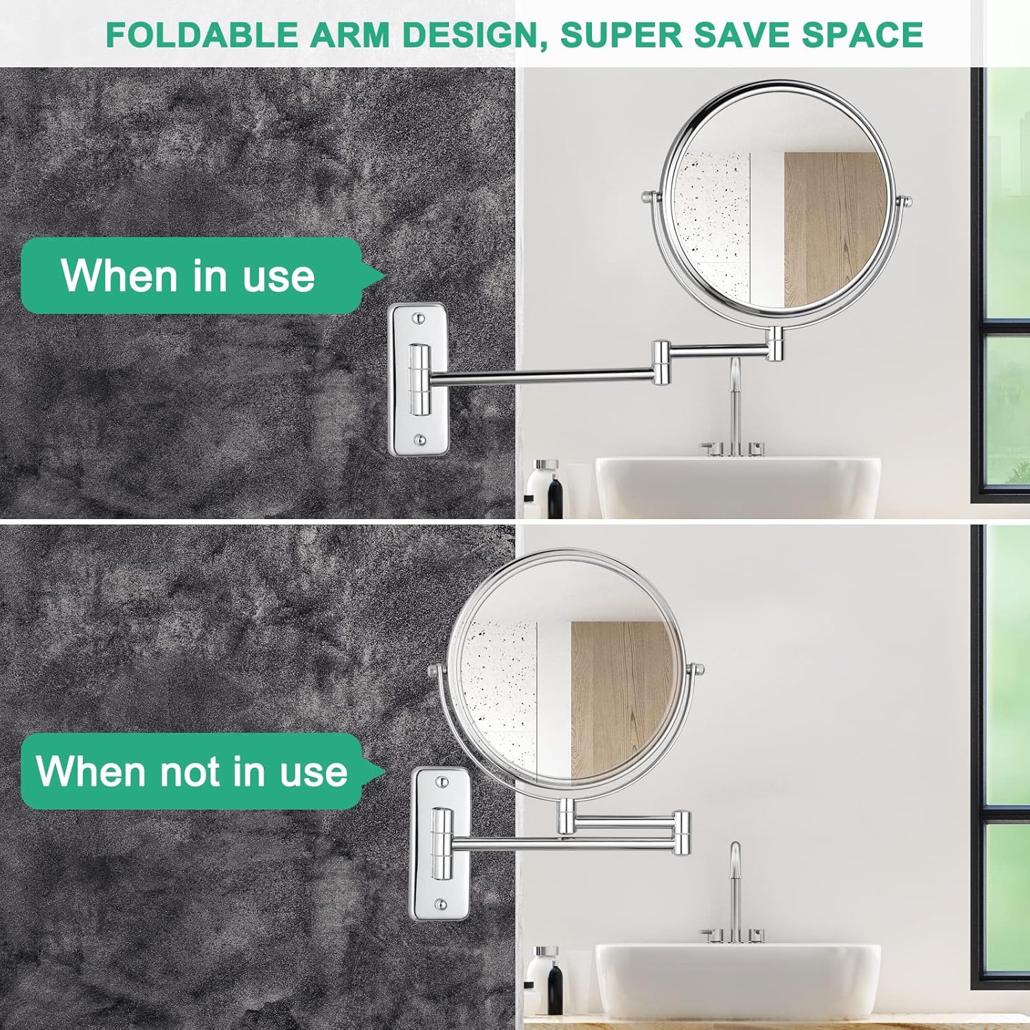 Adjustable Chrome-Finished Wall-Mounted Makeup Mirror with 10x Magnification