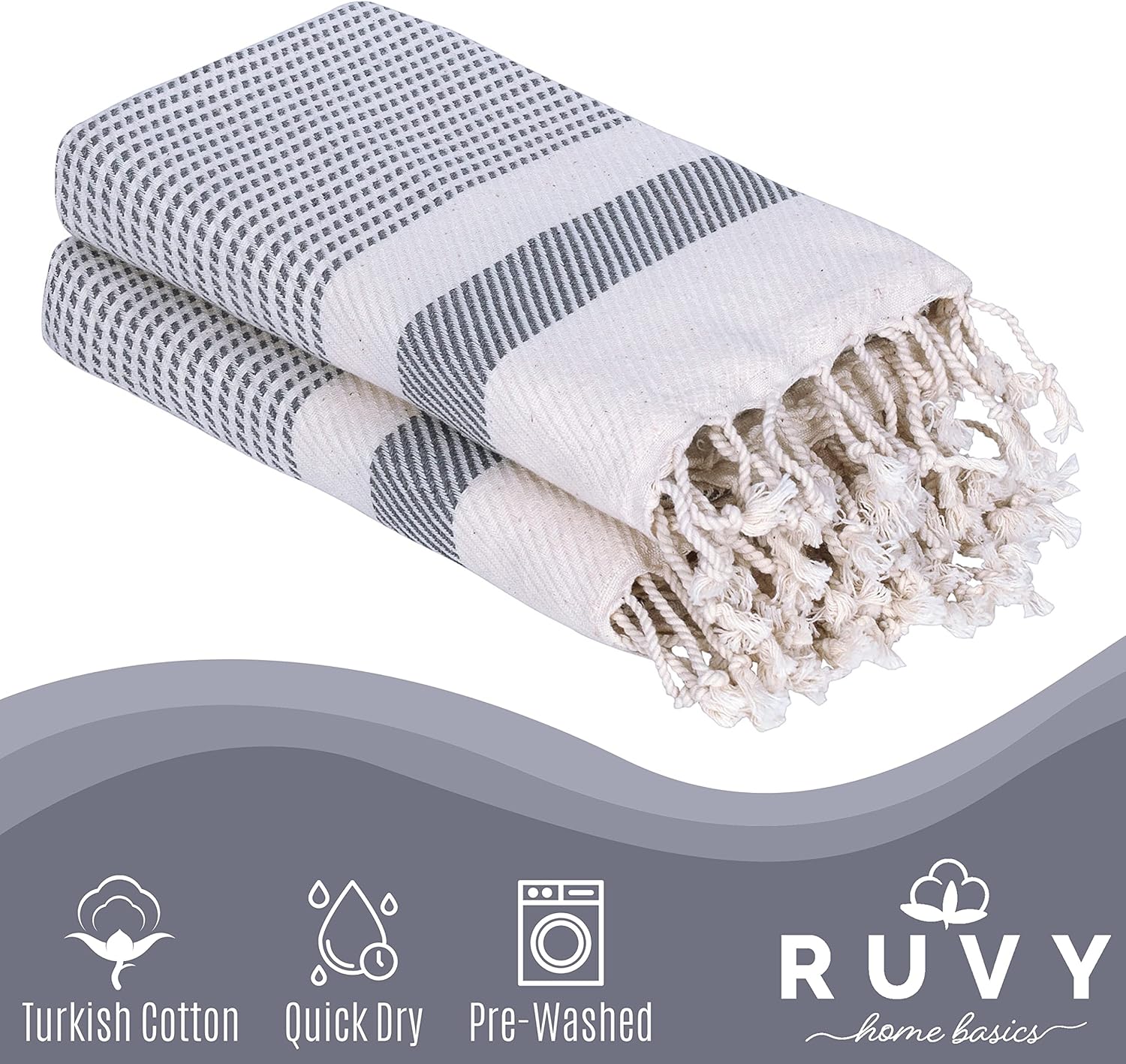 Ruvy 2-Piece Turkish Cotton Hand Towels - Soft Quick-Dry Light Grey