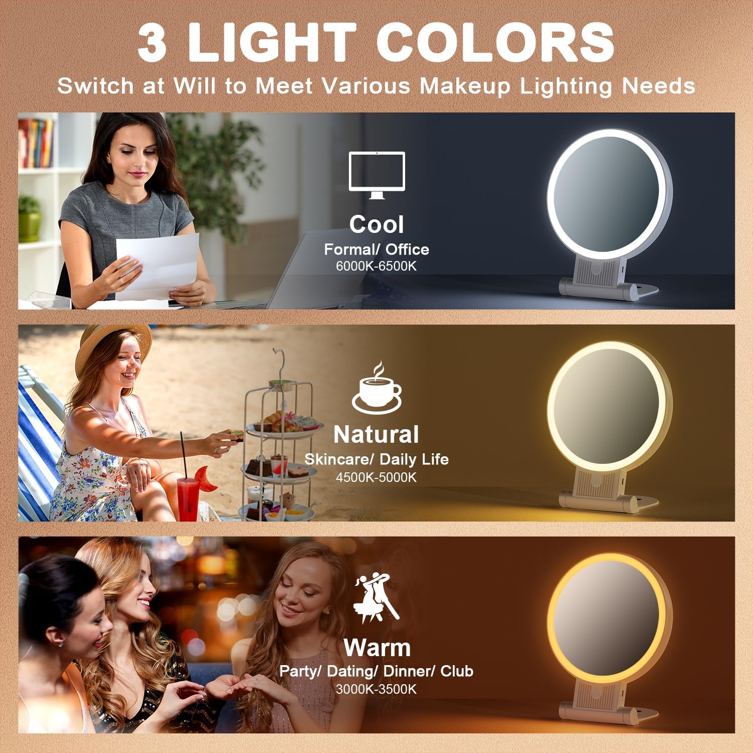 1X30X Double Sided Magnifying Mirror with Light Adjustable Handles