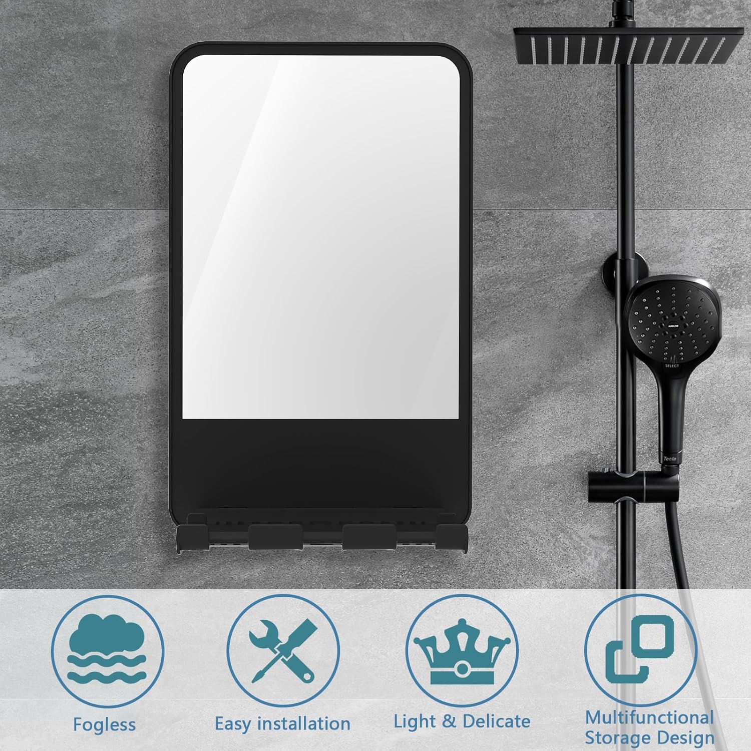 Anti-Fog Shower Mirror with Storage for Men Women