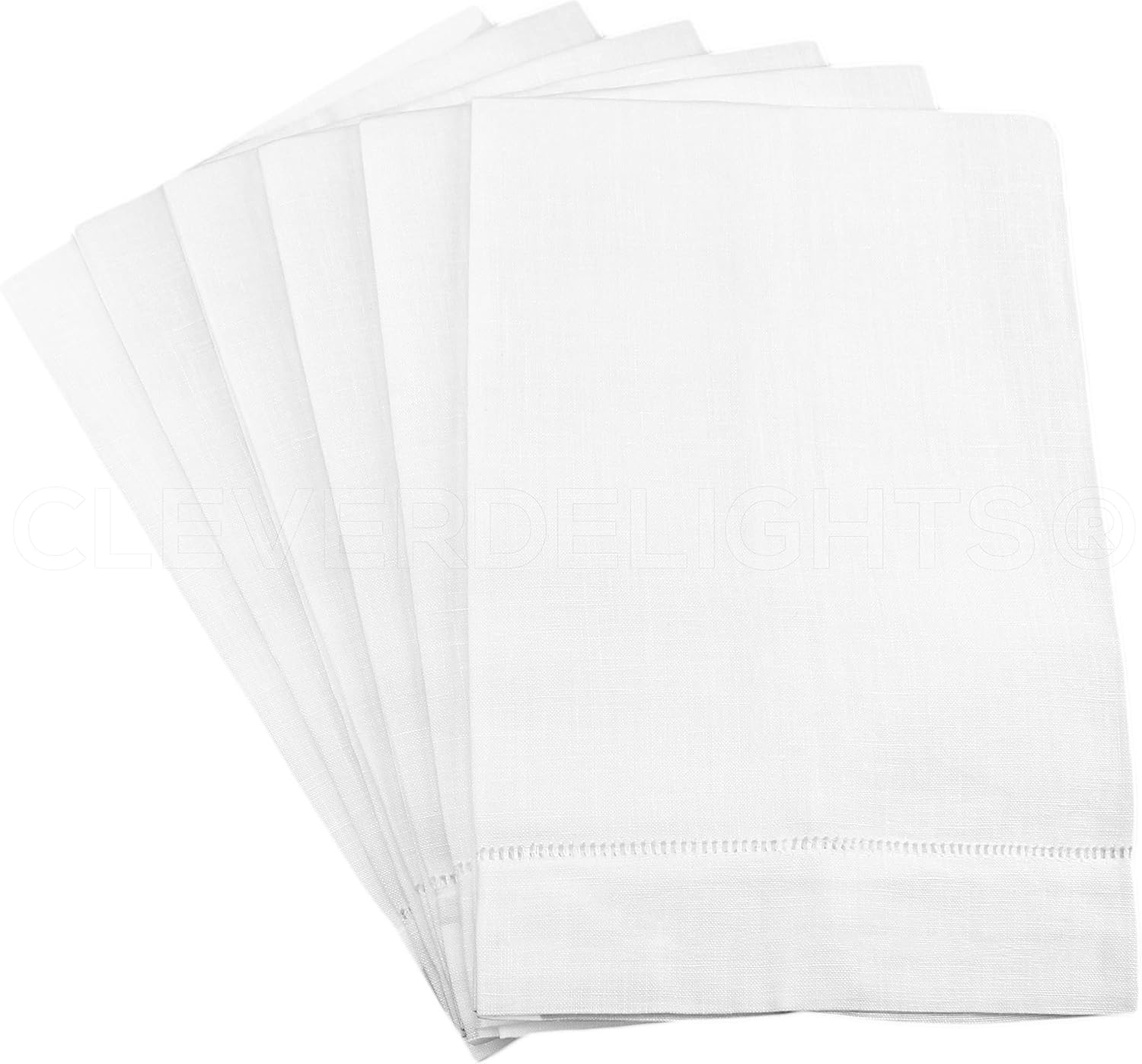 CleverDelights White Linen Hemstitch Hand Towels 14x22 Set of 6