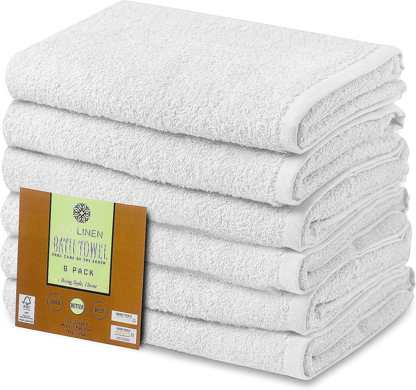 BIOLINEN White Cotton Bath Towel Set of 6
