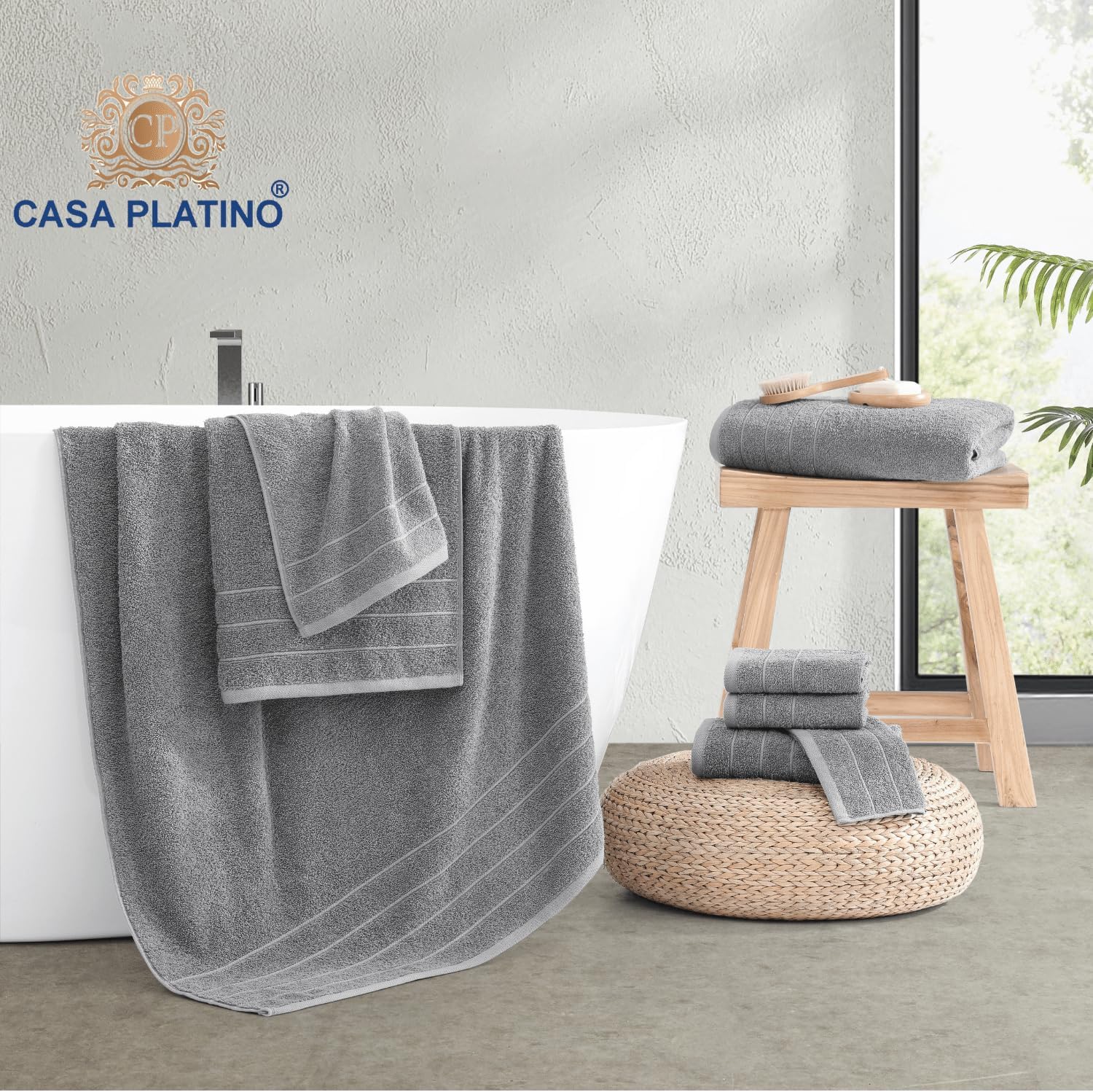 Casa Platino Bath Towels Set - 2 Bath 2 Hand 4 Washcloths - Mercerized Soft Cotton 30x60 - Grey
