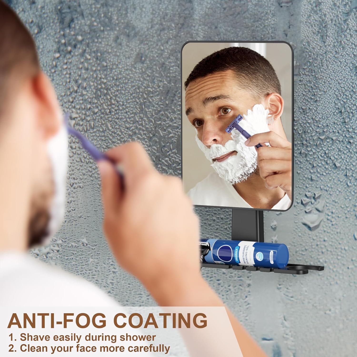 Anti-Fog Shower Mirror - Removable Razor Toothbrush Holder