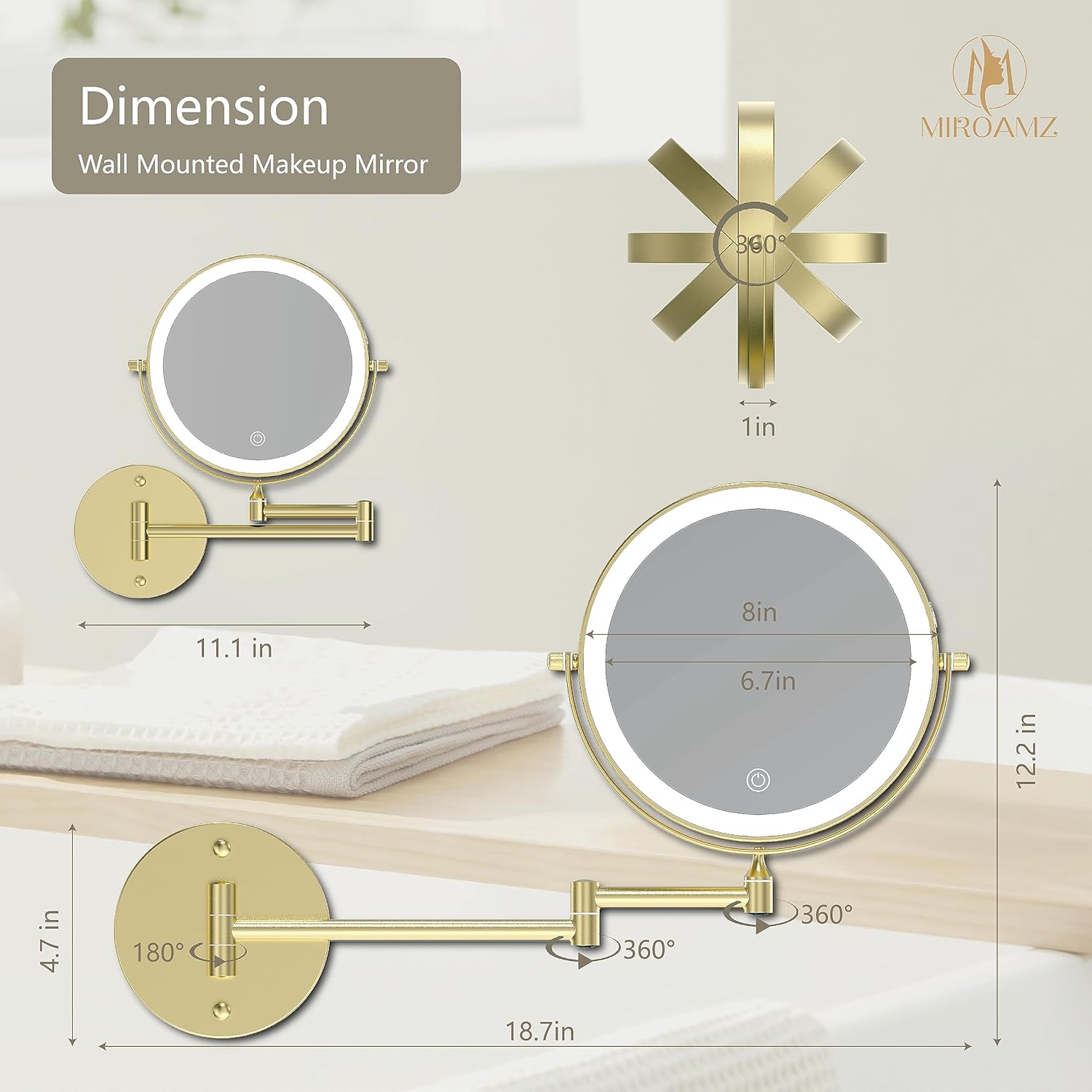 8-inch Rechargeable Wall-Mounted Makeup Vanity Mirror