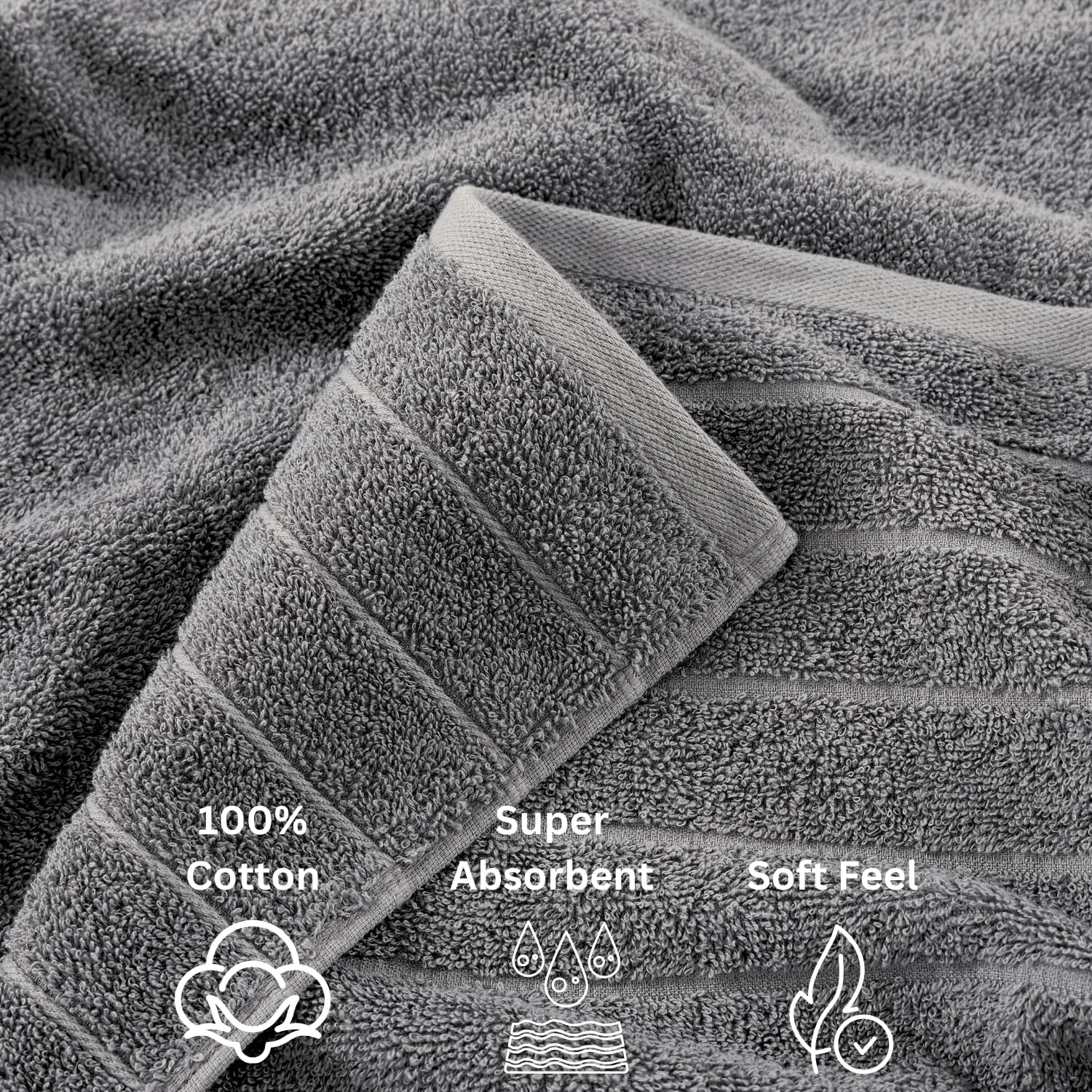 Casa Platino Bath Towels Set - 2 Bath 2 Hand 4 Washcloths - Mercerized Soft Cotton 30x60 - Grey