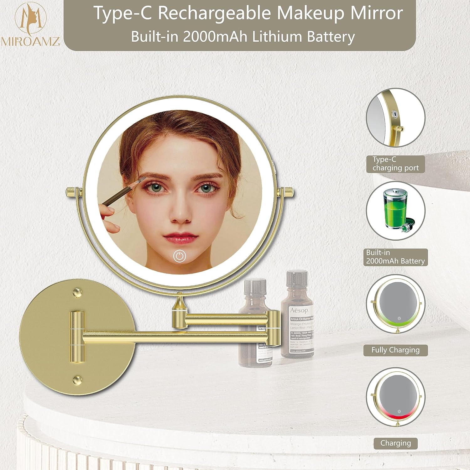 8-inch Rechargeable Wall-Mounted Makeup Vanity Mirror