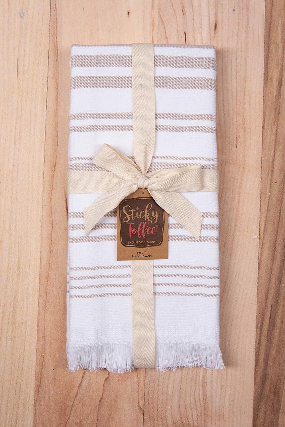 Sticky Toffee Modern Tan Striped Hand Towels Set of 2